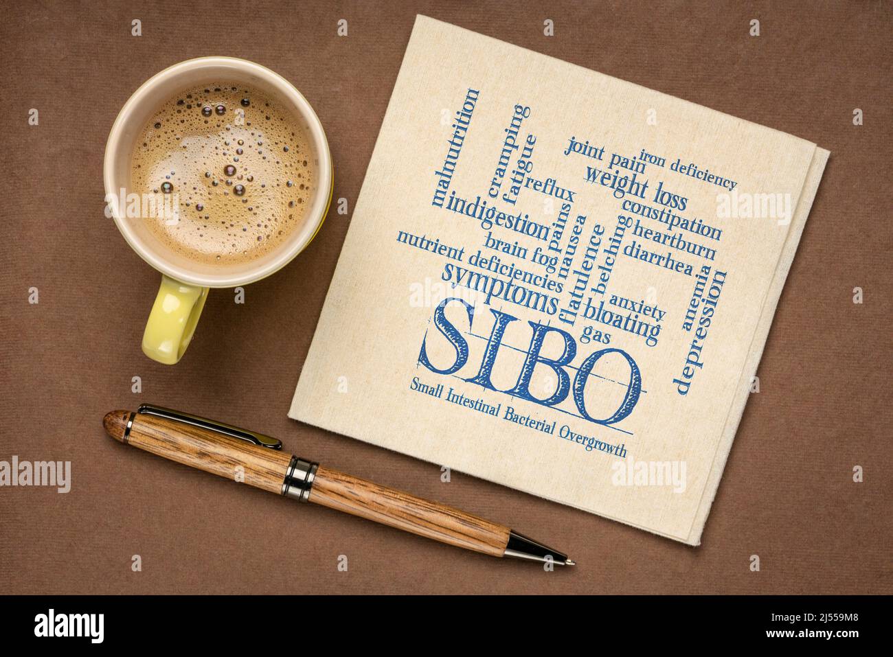 SIBO (kleine intestinale bakterielle Überwucherung) Symptome - Wortwolke auf einer Serviette, flaches Lay mit einer Tasse Kaffee, Darmgesundheitskonzept Stockfoto