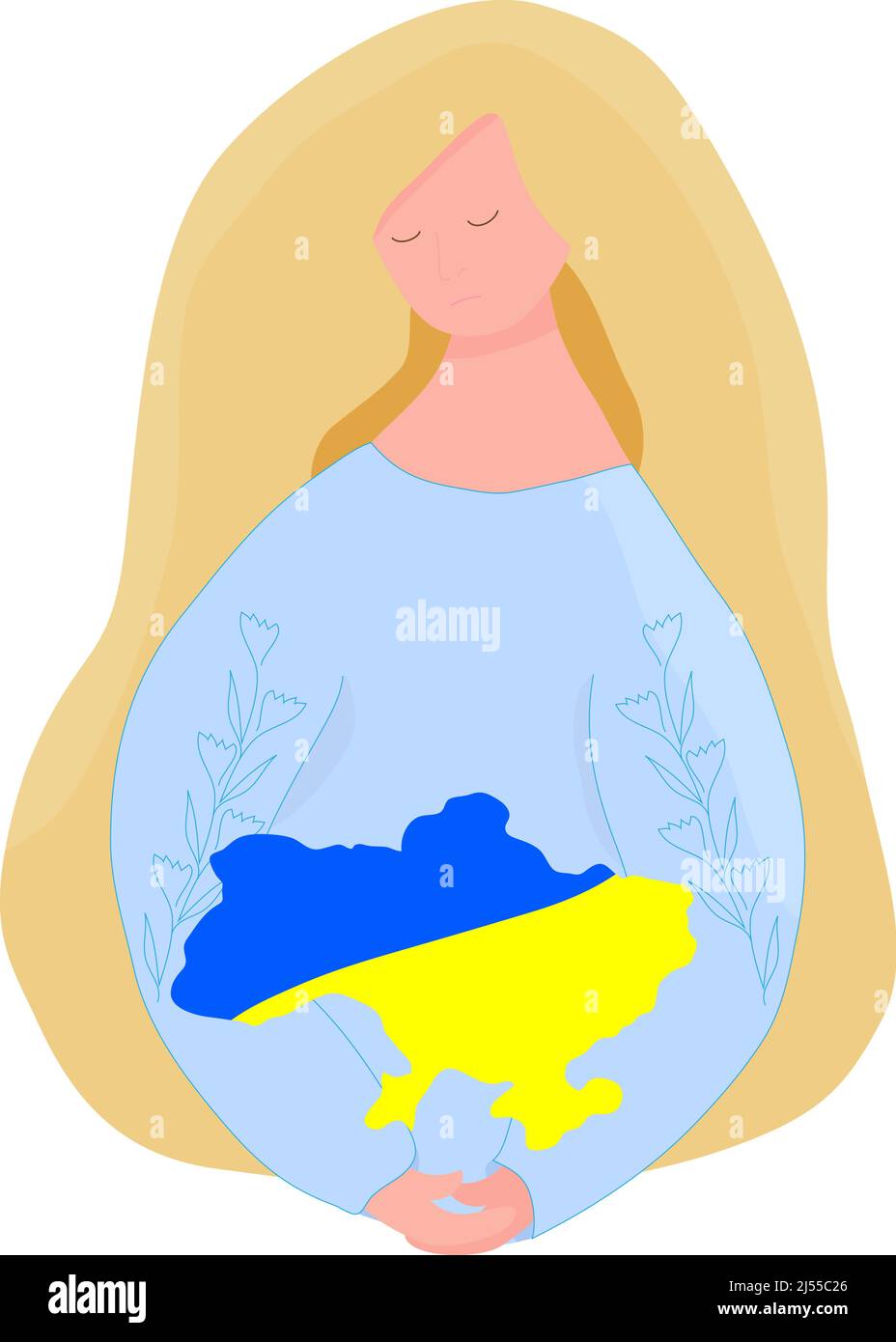 Das Mädchen hält eine Landkarte der Ukraine in ihren Händen. Traurige Frau. Ukrainisch blonde Mädchen in nationaler Kleidung. Stop war Concept. Unterstützung für die Ukraine gegen die Ukraine Stock Vektor