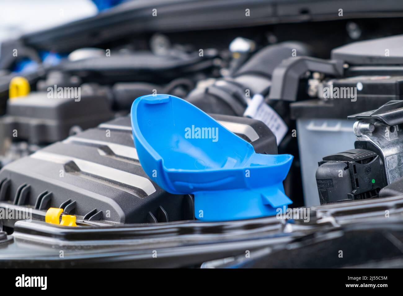 Blauer Deckel des Tanks für Scheibenwaschflüssigkeit, Nahaufnahme. Stockfoto