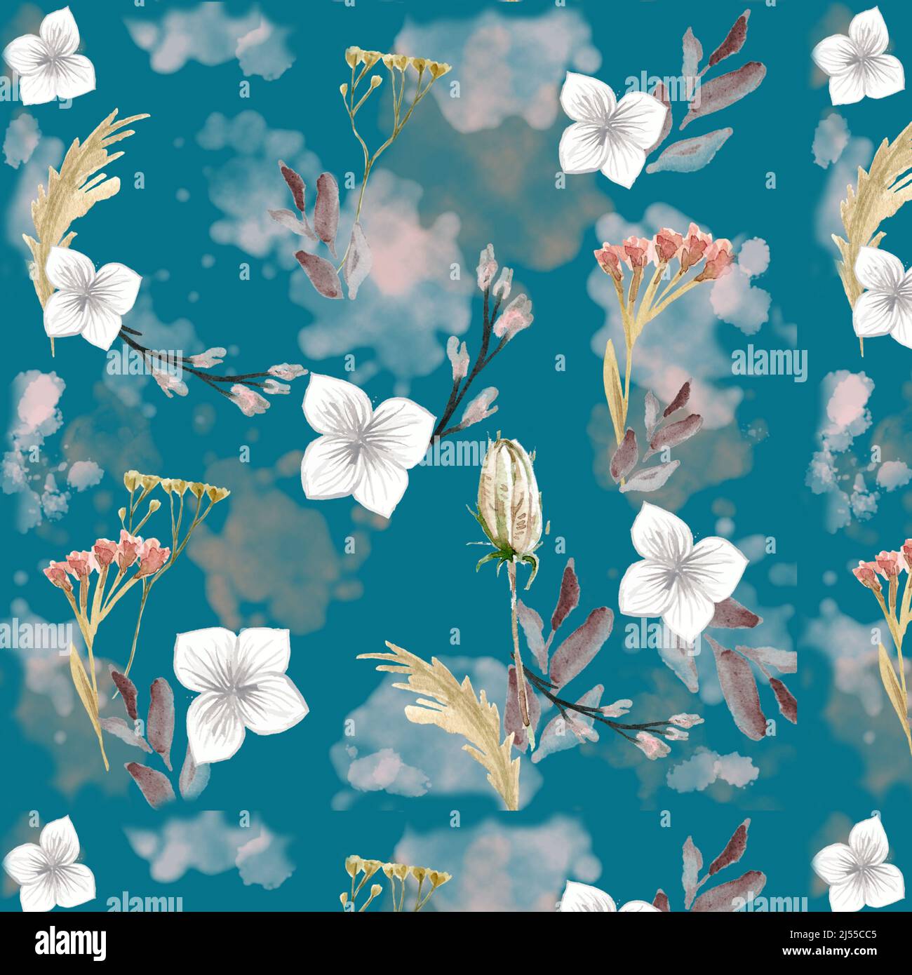 Weiße Blume Boho Muster blaugrün Hintergrund mit Wildblumen mit Aquarell Splatten in diesem Design-Element. Stockfoto