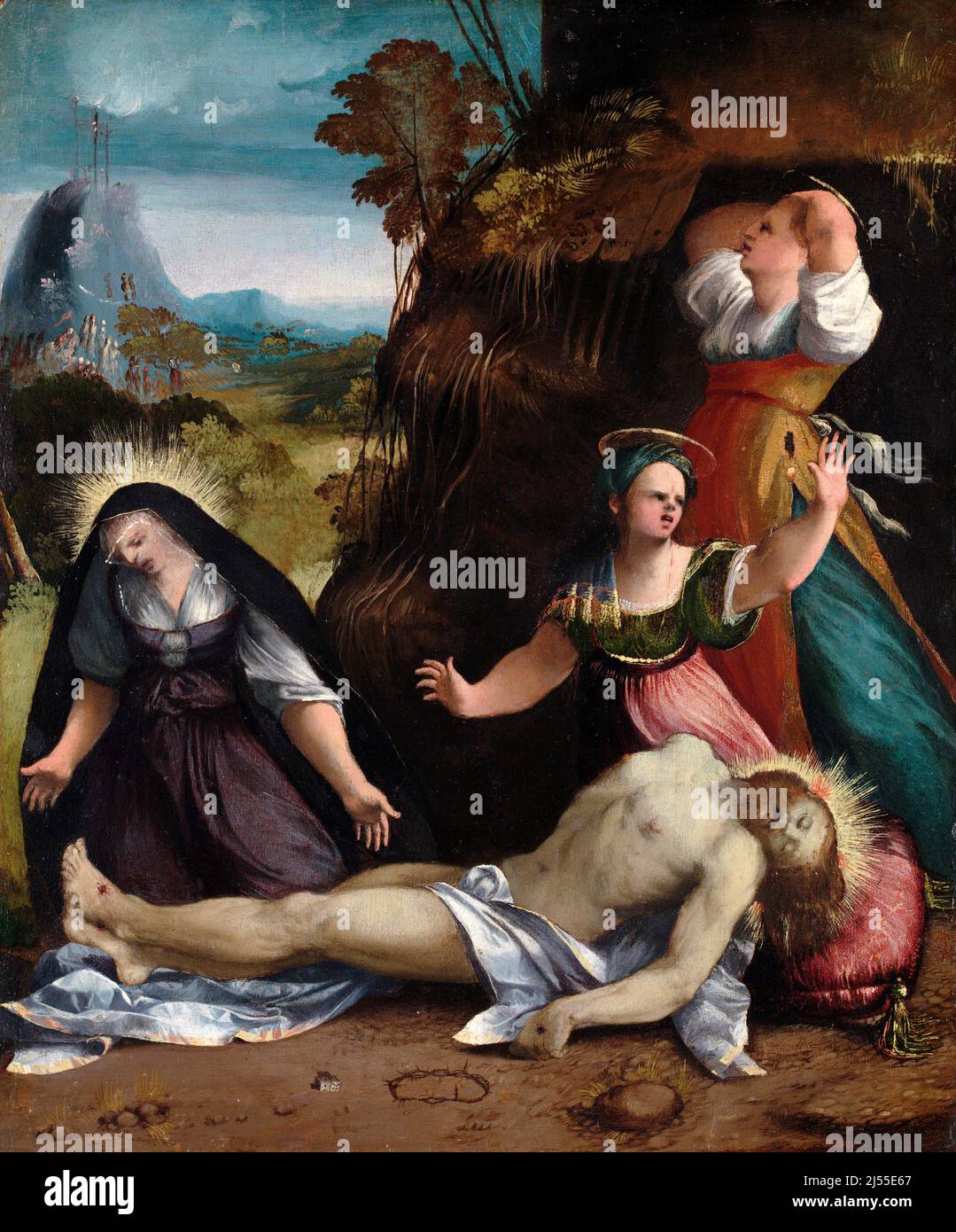 Die Klage über den Leib Christi durch den italienischen Renaissance-Künstler Dosso Dossi (Giovanni di Niccolò de Luteri: c. 1489–1542) Stockfoto