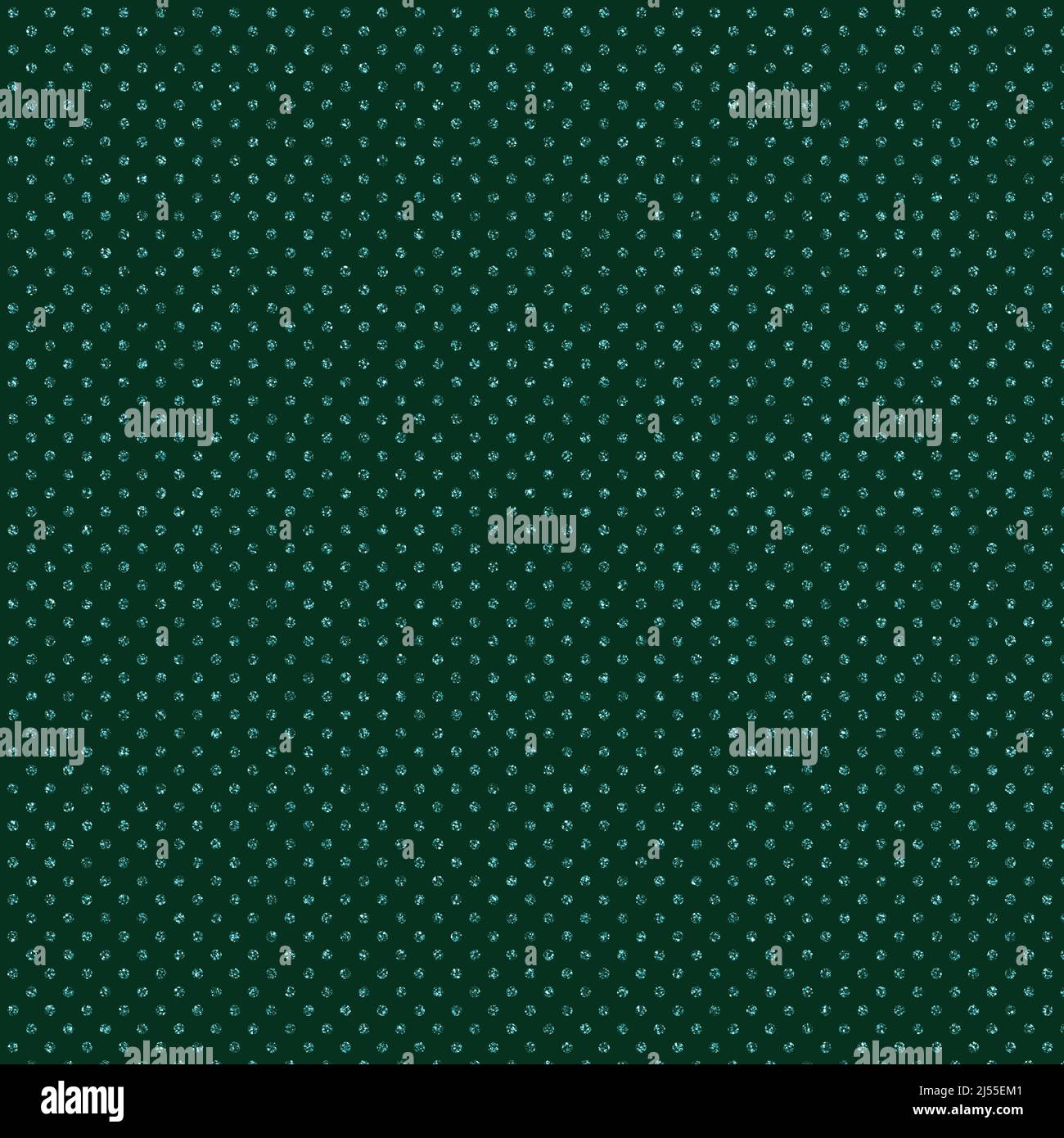 Hintergrund mit grünem Glitzer-Punktmuster. Die 12x12-Illustration hat kleine blaue Glitzer-Tupfen vor einem dunkelgrünen Hintergrund. Ideal für grafische des Stockfoto