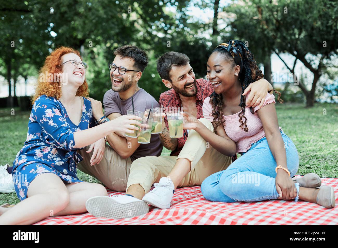Picknick Spaß im Freien Frau Freund Sommer Freundschaft Mann Lifestyle lächelnd glücklich Toast Party Paar Stockfoto