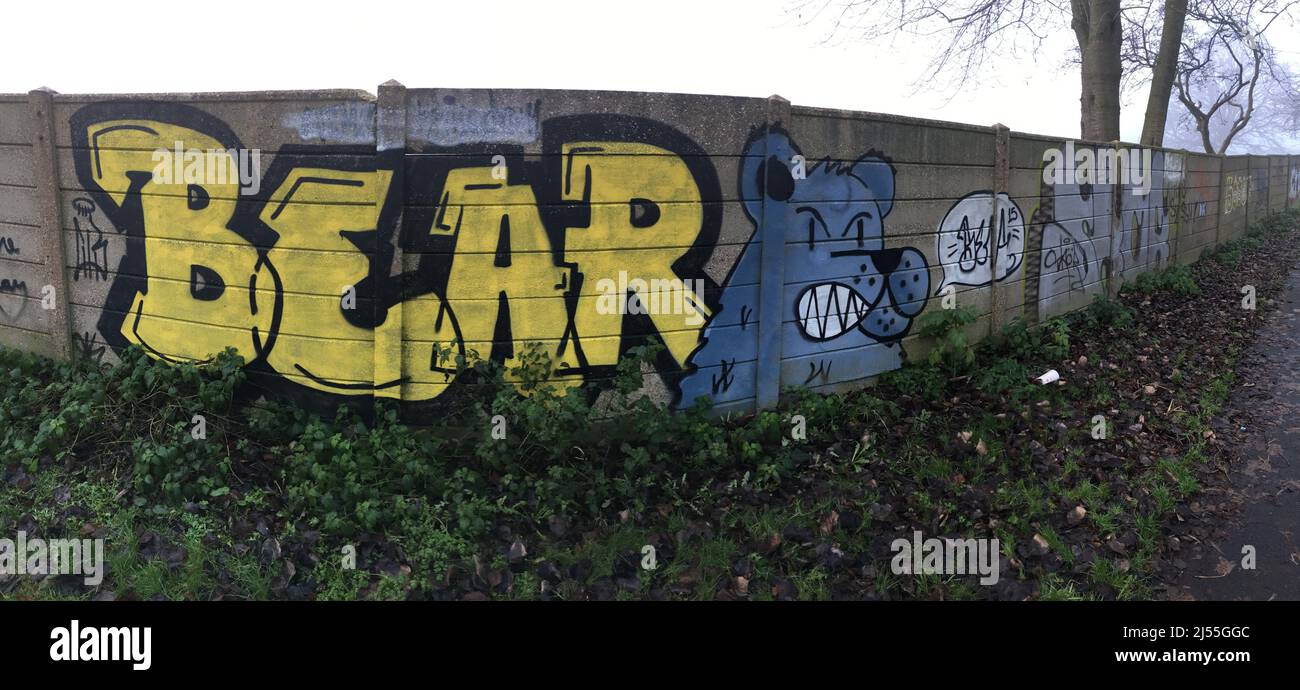 Newcastle-under-Lyme, Staffordshire-vereinigtes Königreich, 29-12-2016 Street Art Graffiti an einer Wand im Lyme Valley Stadtpark, Newcastle under Lyme, Stockfoto