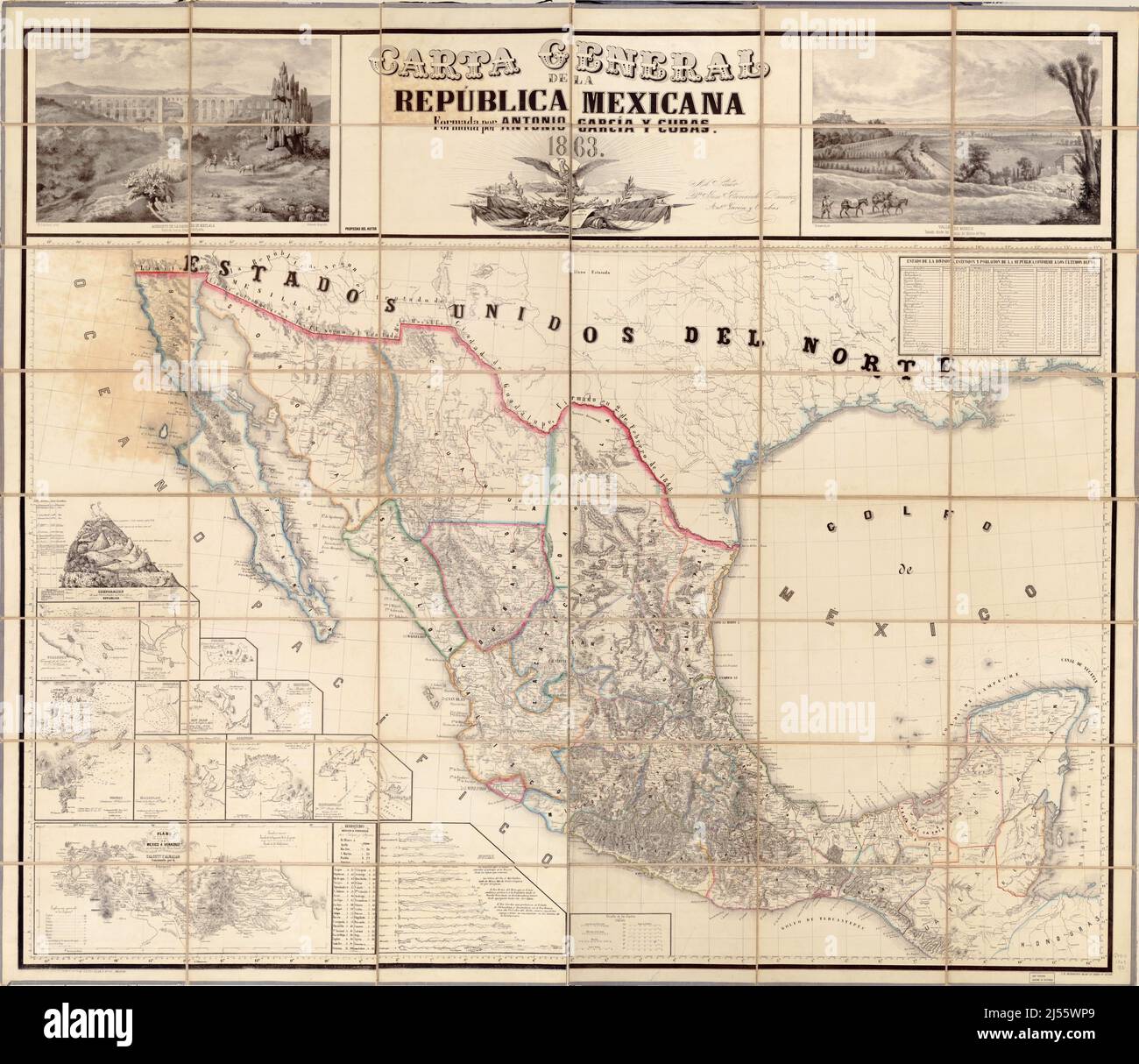 Jahrgang 1863 Handkolorierte Landkarte der Republik Mexiko Stockfoto