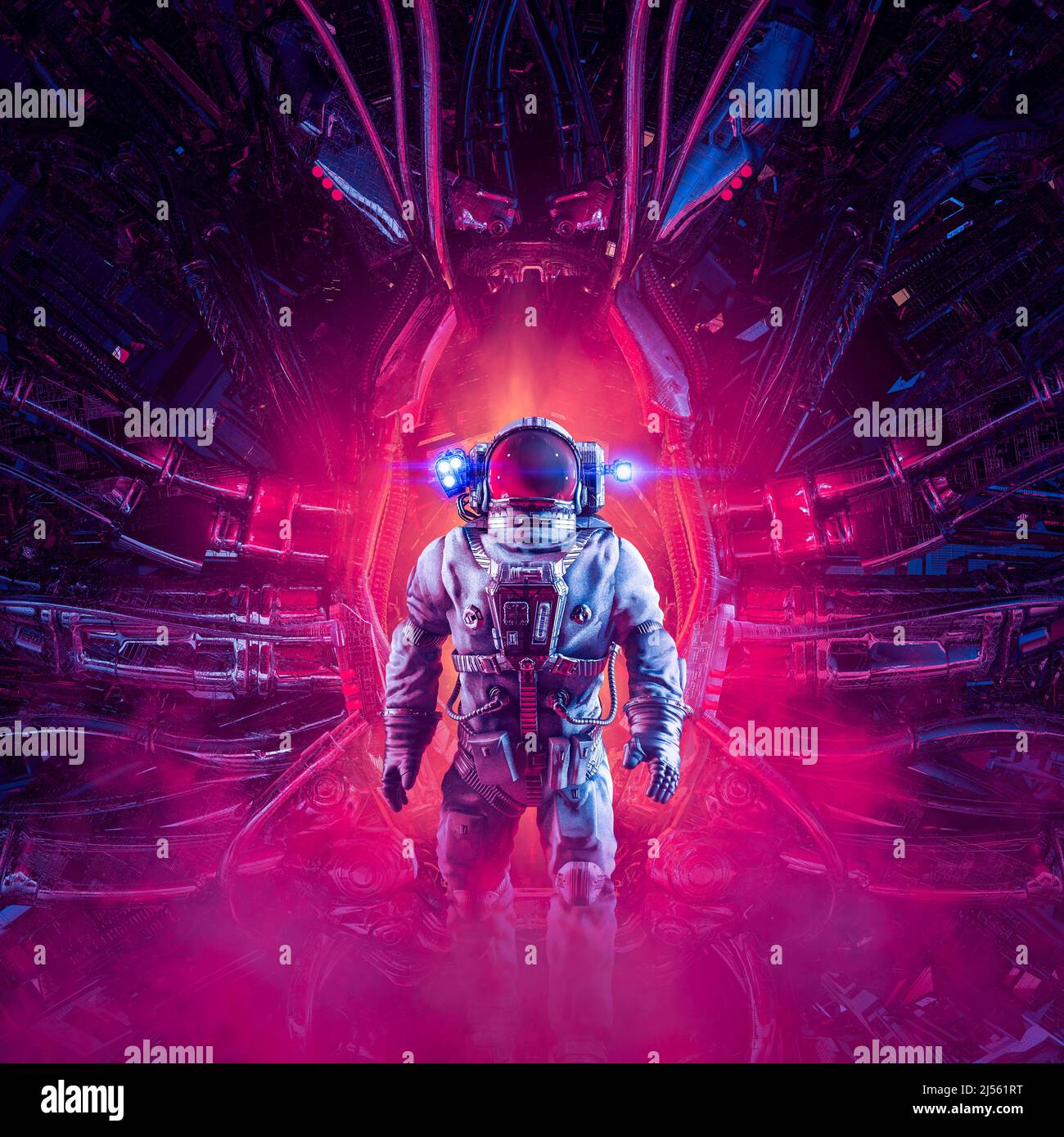 Außerirdische Begegnung - 3D Illustration des Science-Fiction-Astronauten, der das Innere eines Raumschiffs mit Außerirdischen erkundet Stockfoto