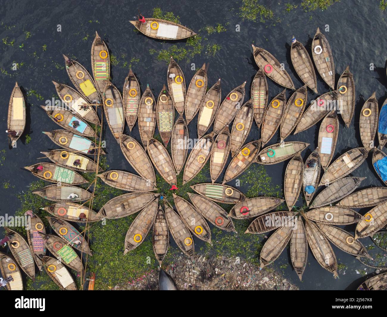 Luftaufnahme von Hunderten von Holzbooten, die sich in einer Gruppe von Lüftern befinden und wie Blütenblätter einer Blume aussehen, um am Morgen auf dem Buriganga-Fluss in Dhaka zu pendeln Stockfoto