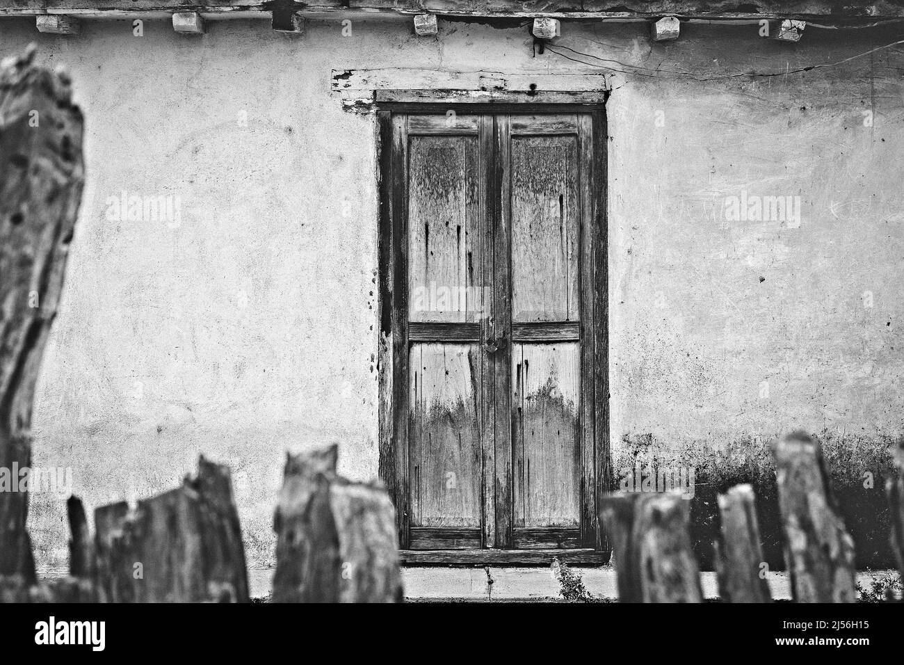 Zuhause einer alten Tür in Schwarz und Weiß Stockfoto