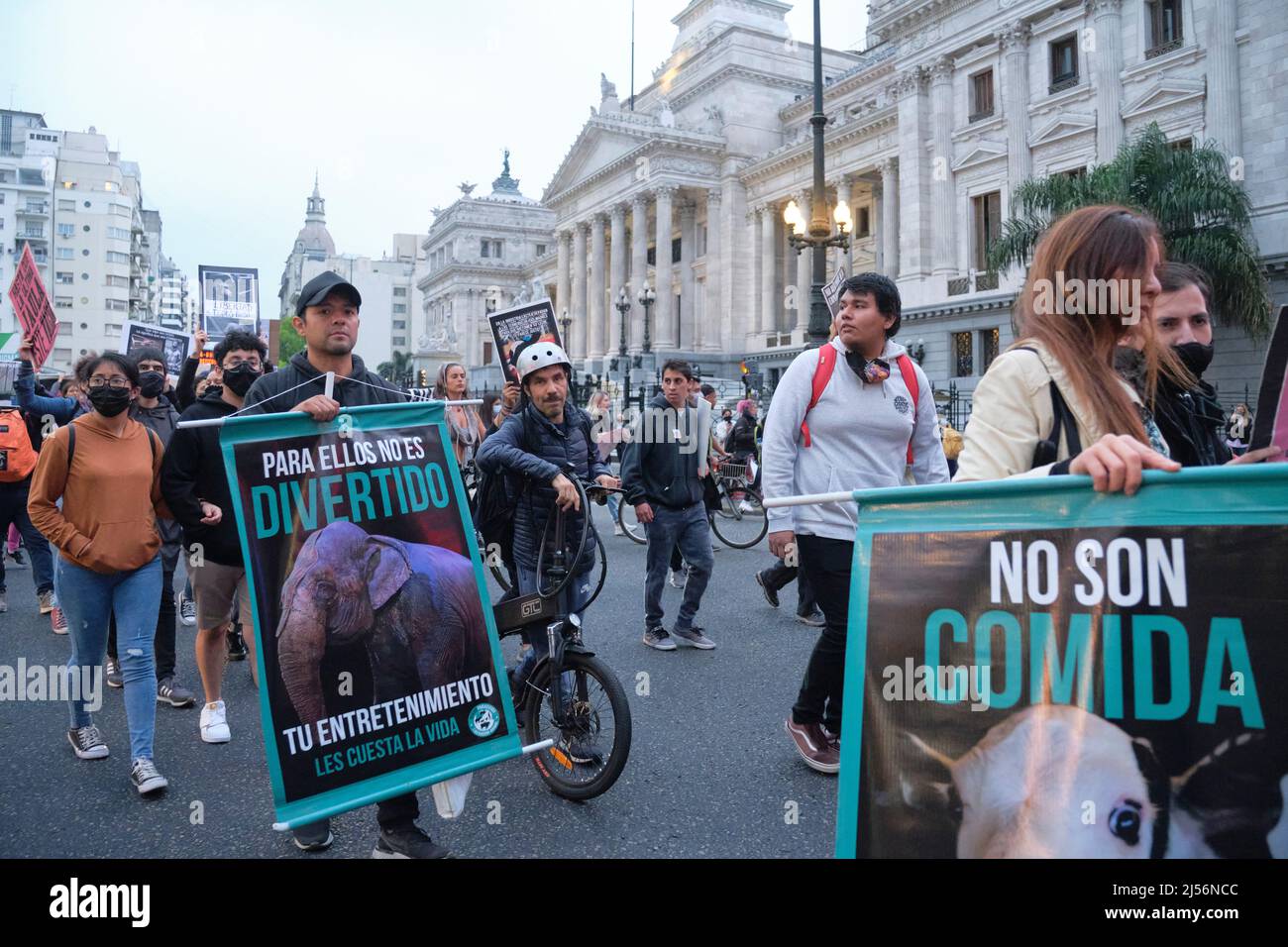 Buenos Aires, Argentinien; 1. Nov 2021: World Vegan Day, Aktivisten marschieren vor dem Kongress mit Plakaten: Sie sind kein Essen. Für sie ist es nicht Stockfoto