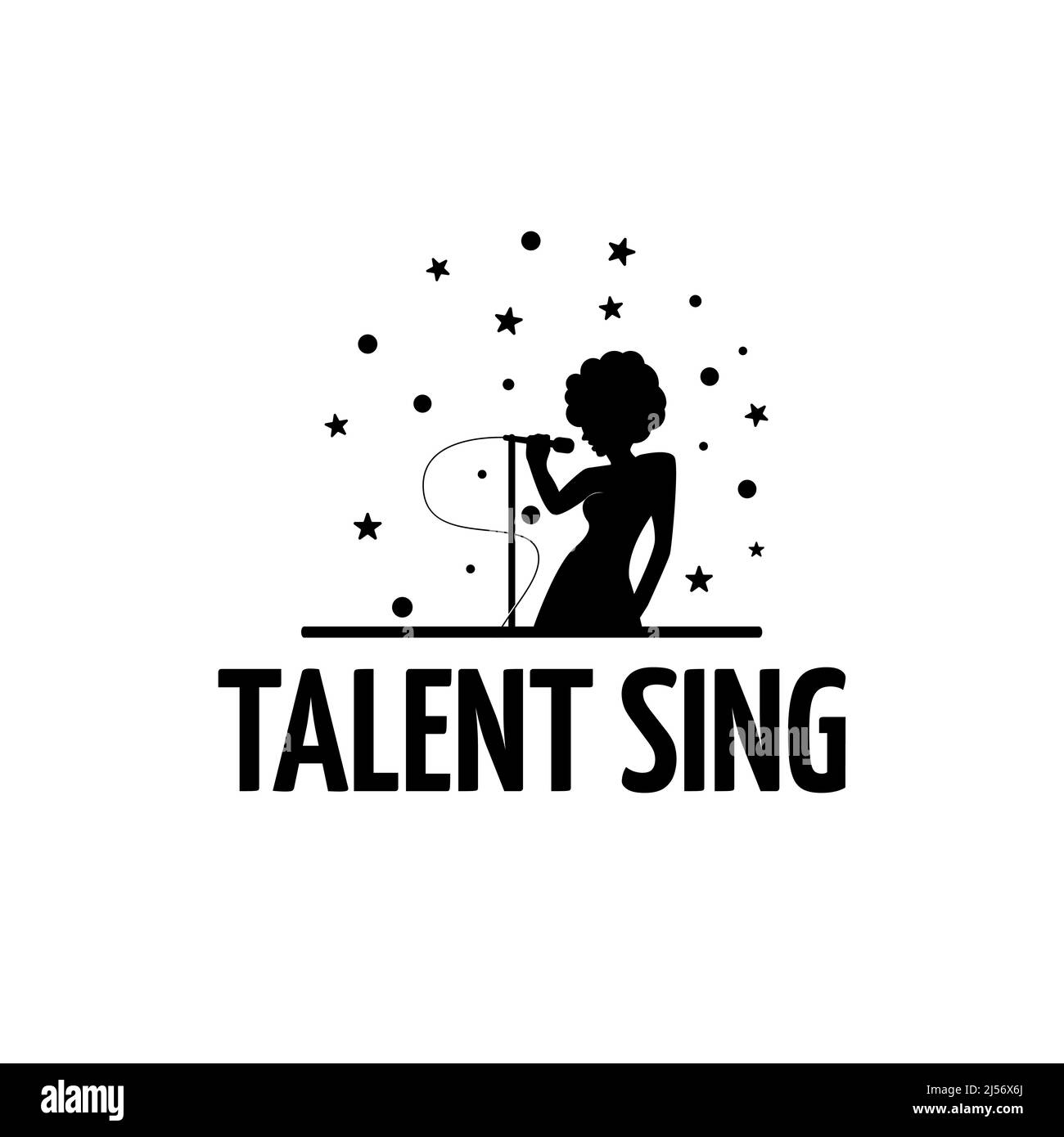 Logo-Design mit isolierter Sängerin und Mikrofon, Karaoke und Mikrofon und Musiknoten, singende Party oder Club-Komposition, isolierte Collecti Stock Vektor