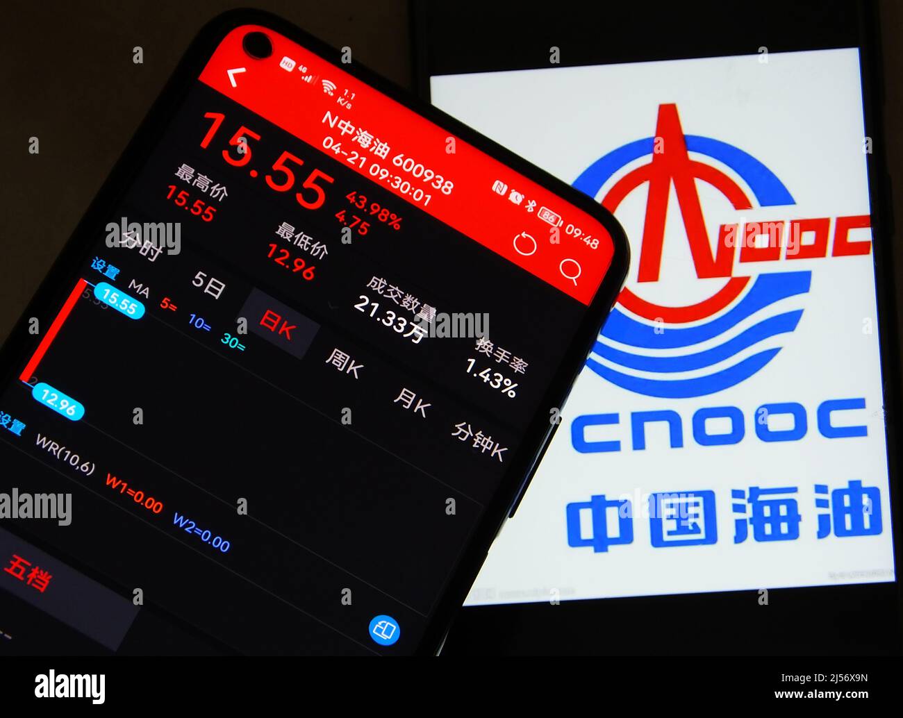 YICHANG, CHINA - 21. APRIL 2022 - Aktien der China National Offshore Oil Corporation (CNOOC) werden in Yichang, Provinz Hubei, auf einem Mobiltelefon angezeigt Stockfoto