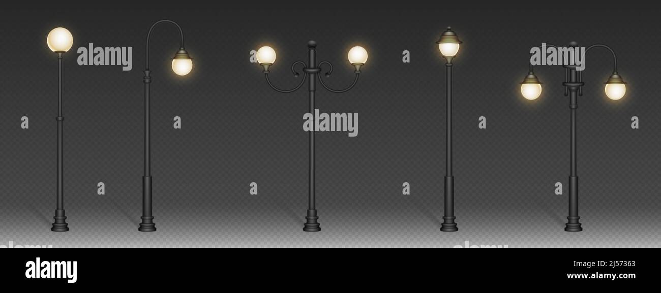 Straßenlampen, alte Laternen auf schwarzer Post. Vector realistische Satz von alten elektrischen Straßenlaternen, Retro-Eisen-Lampfosten mit Kugelschirm für Straße Bürgersteig, Stadt und öffentlichen Park Stock Vektor