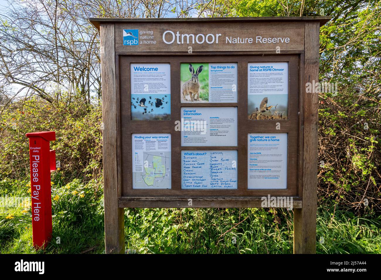 RSPB Otmoor Nature Reserve Schild oder Informationstafel, Oxfordshire, England, Großbritannien Stockfoto