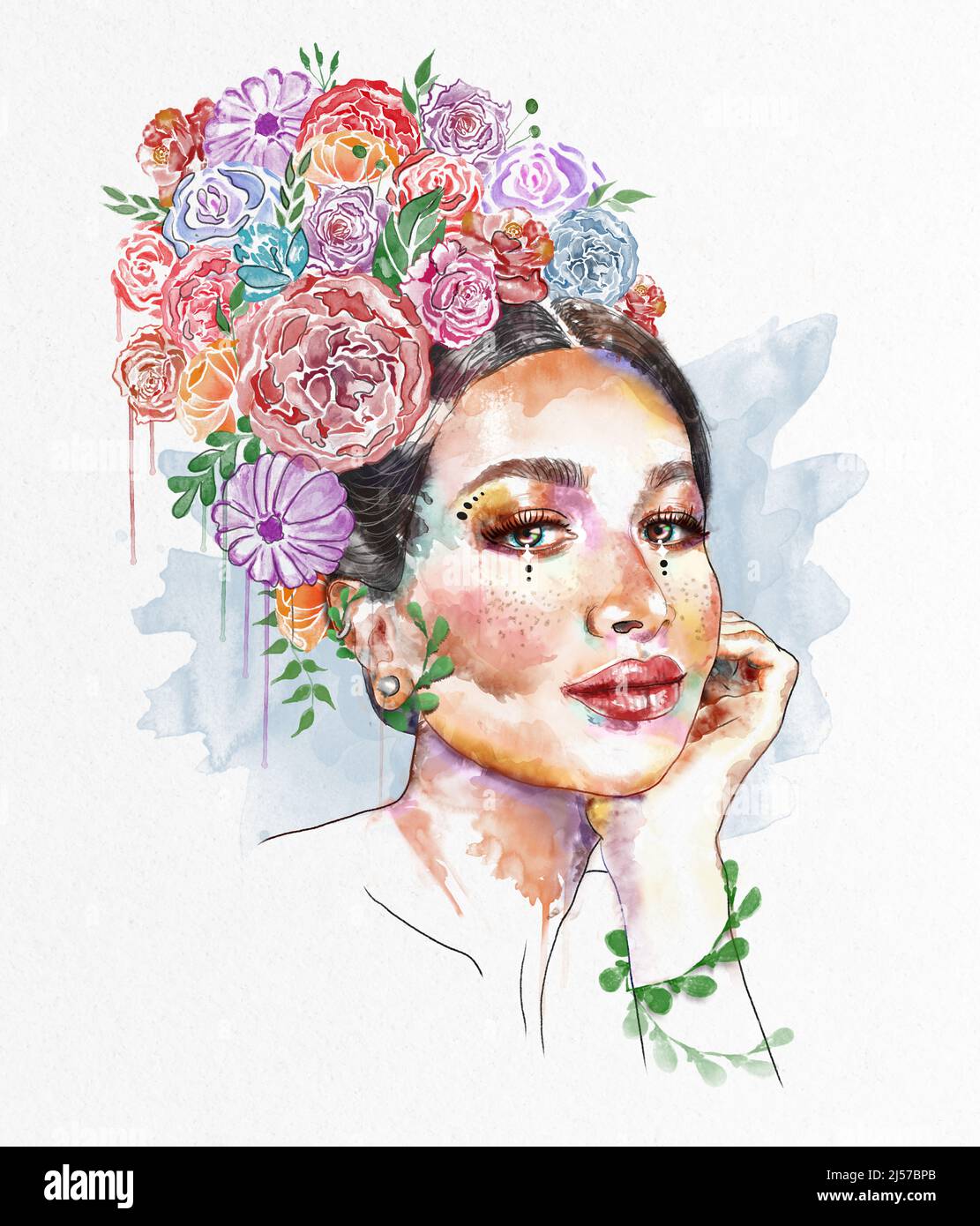 Kreative digitale Aquarellzeichnung eines schönen Frauenportraits. Blumenmalerei mit botanischen Blumen. Blumenstrauß und Blätter schmücken ihren Kopf und Gesicht. Stockfoto