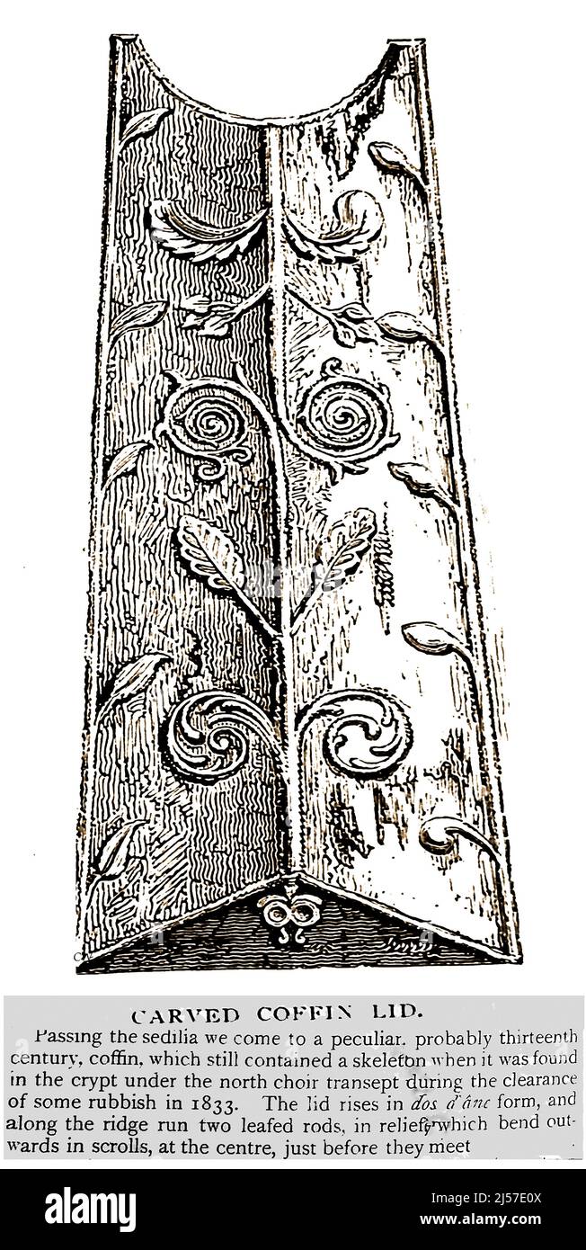 Rochester Cathedral, Großbritannien - Ein mittelalterlicher, geschnitzter Sargdeckel aus Holz, der 1833 in der Krypta der Kirche unter einem Schutt gefunden wurde. Stockfoto
