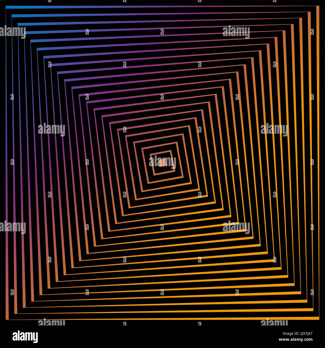 Op Art Quadrate in farbenfrohem Farbverlauf mit optischem Verzerrungseffekt, der eine optische Illusion von Pyramiden oder Tunneln erzeugt. Hypnotisches Banner, Vektorstruktur Stock Vektor