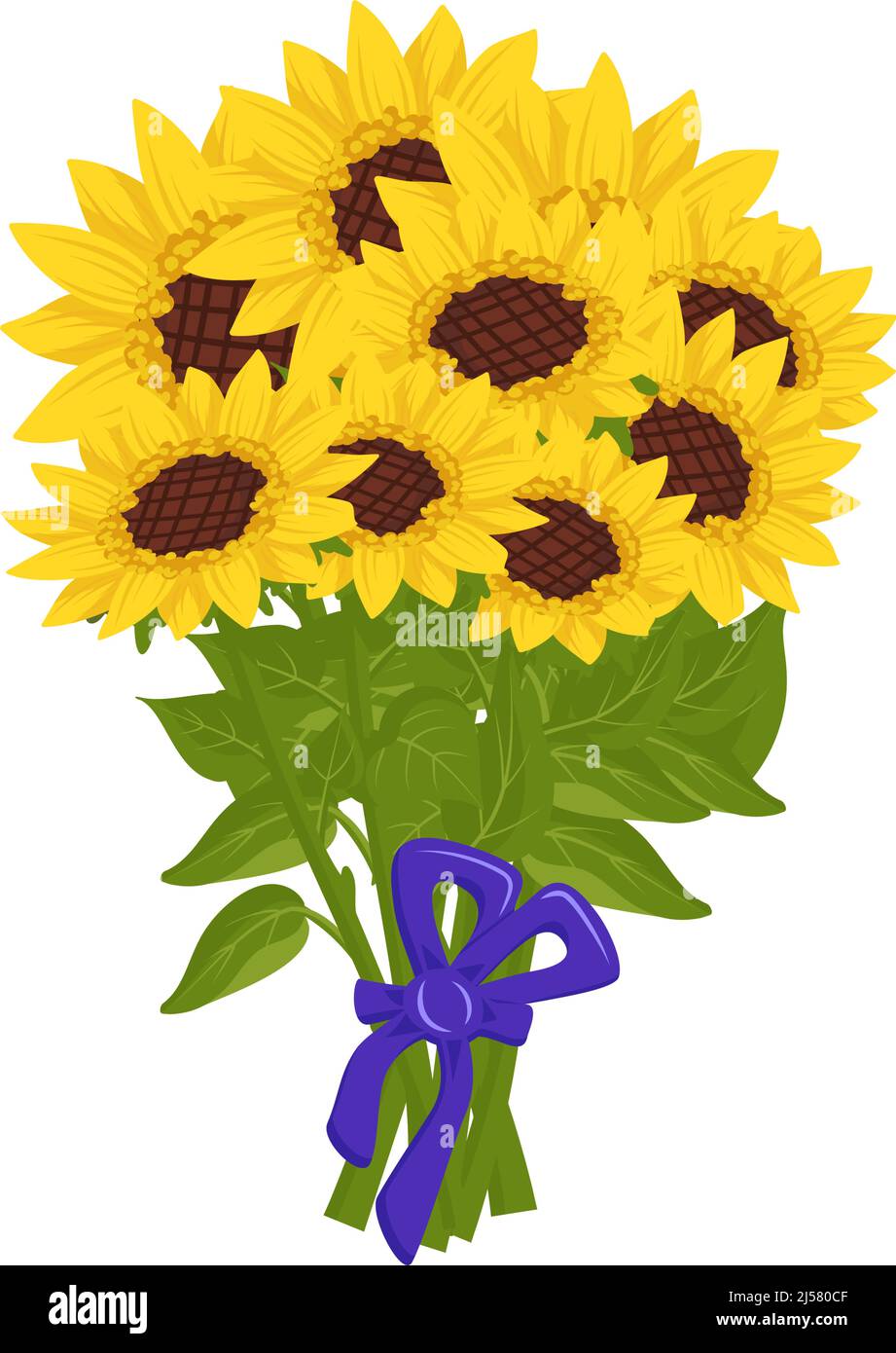 Helles Bouquet von Sonnenblumenblüten mit gelben Blütenblättern, Blättern und Bogen. Element der Natur, Pflanze für Dekoration und Design, Geschenk für den Urlaub. Vektorgrafik flach Stock Vektor