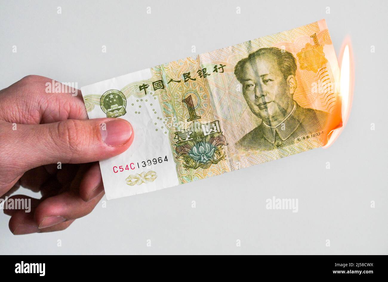 Renminbi, brennen, Feuer, chinesische Banknote, Banknote, studioaufnahme Stockfoto