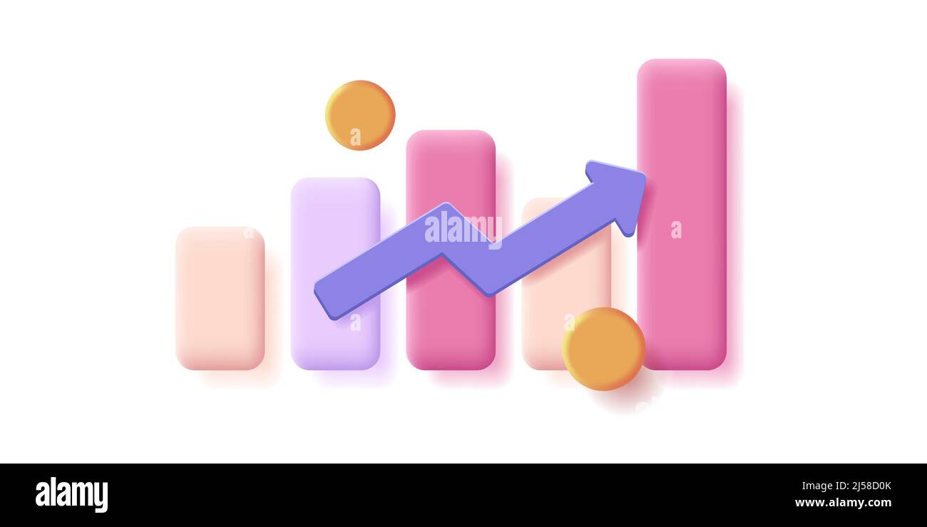 3D-bar-Diagramm-Abbildung mit farbigen Balken und zunehmenden Pfeil mit goldenen Münzen Stock Vektor