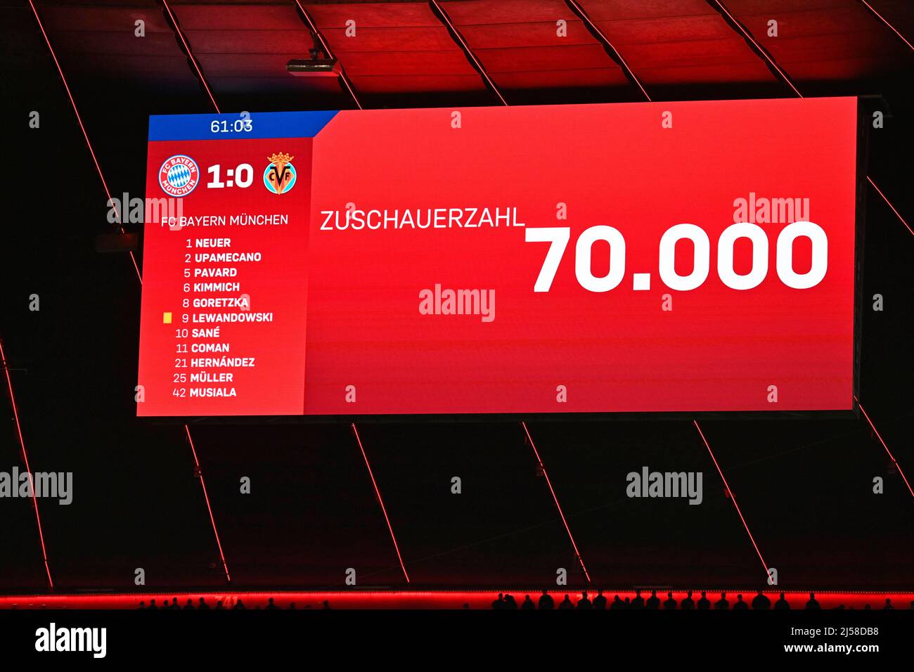 Anzeigetafel mit Aufstellung FC Bayern München FCB, Zuschauerzahl 70. 000, ausverkauft, Champions League, Allianz Arena, München, Bayern Stockfoto