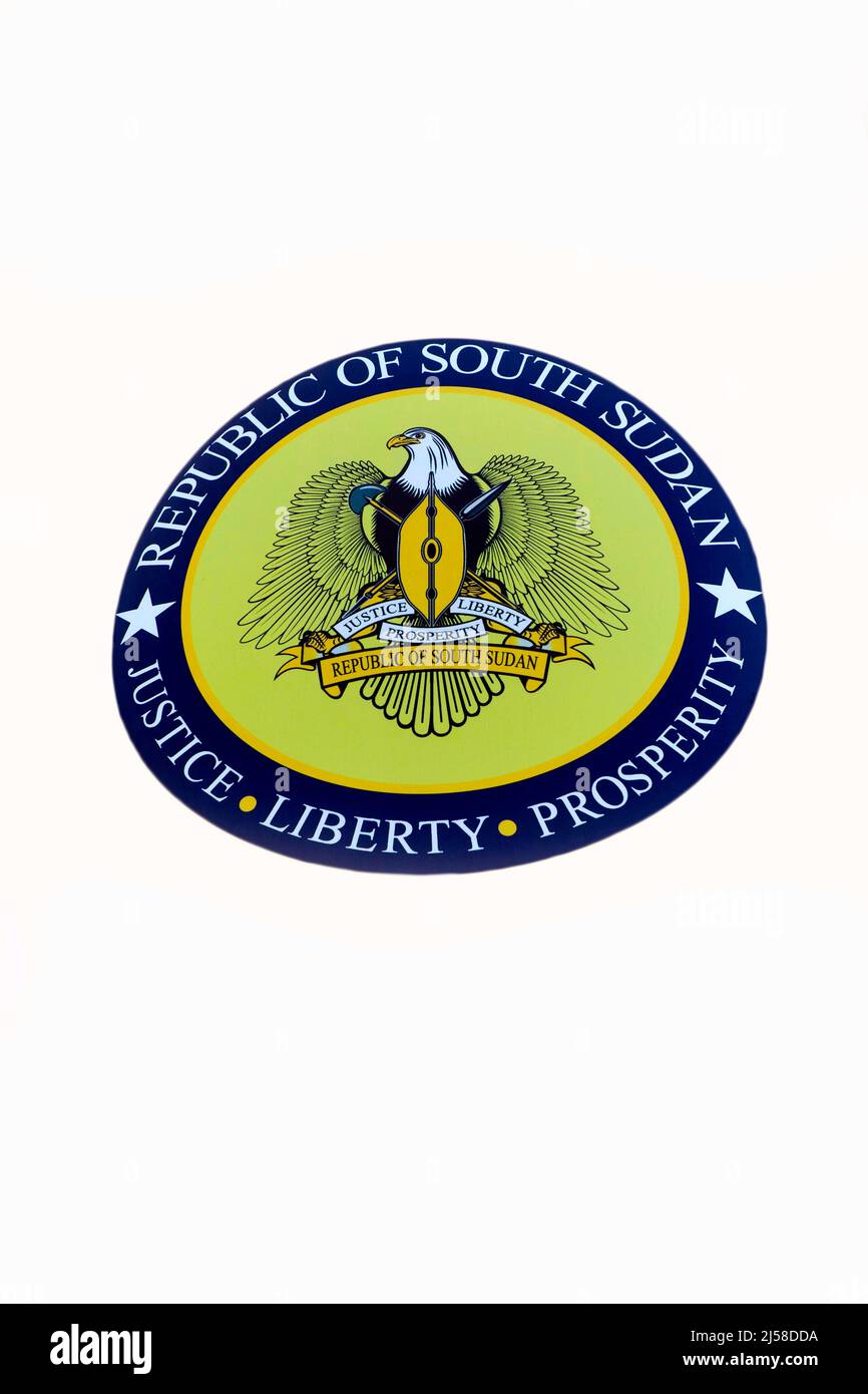 Schild der Botschaft, Republik Sued Sudan, mit weissem Hintergrund Stockfoto