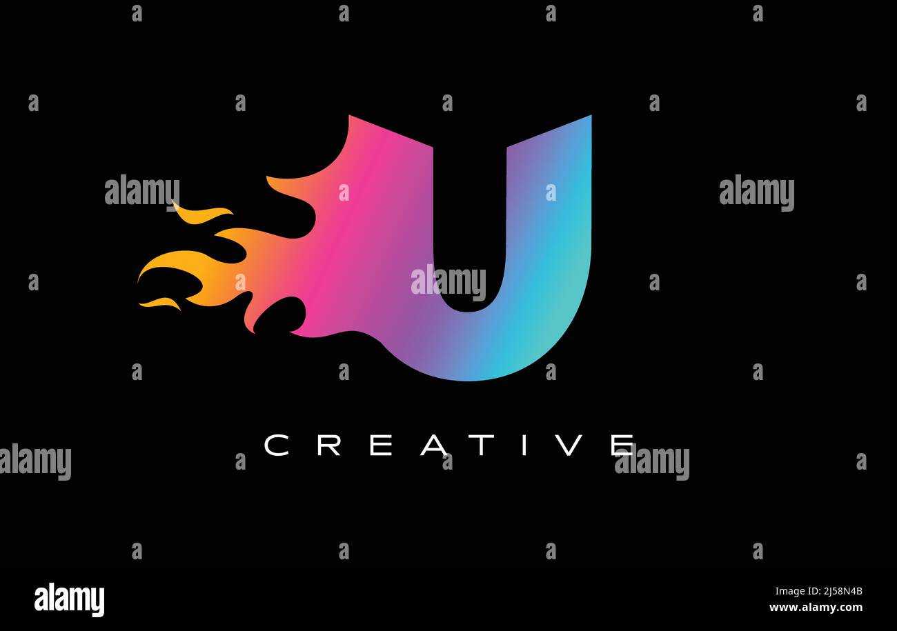 U-Schriftzug Flame Logo. Fire Logo Schriftzug Concept Vector in Rainbow lebendige Farben Stock Vektor