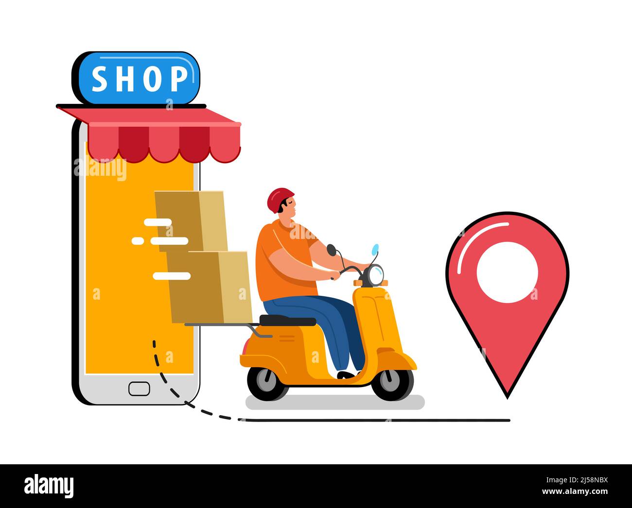 Online Delivery Service Konzept, Lieferung nach Hause oder ins Büro. Kurier, Lieferer fährt Roller liefern Paket Stock Vektor