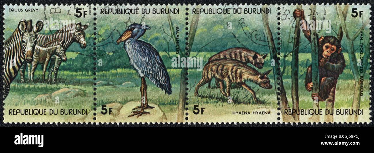 Eine in der Republik Burundi gedruckte Briefmarke zeigt verschiedene Tiere in Zentralafrika, 1978 Stockfoto