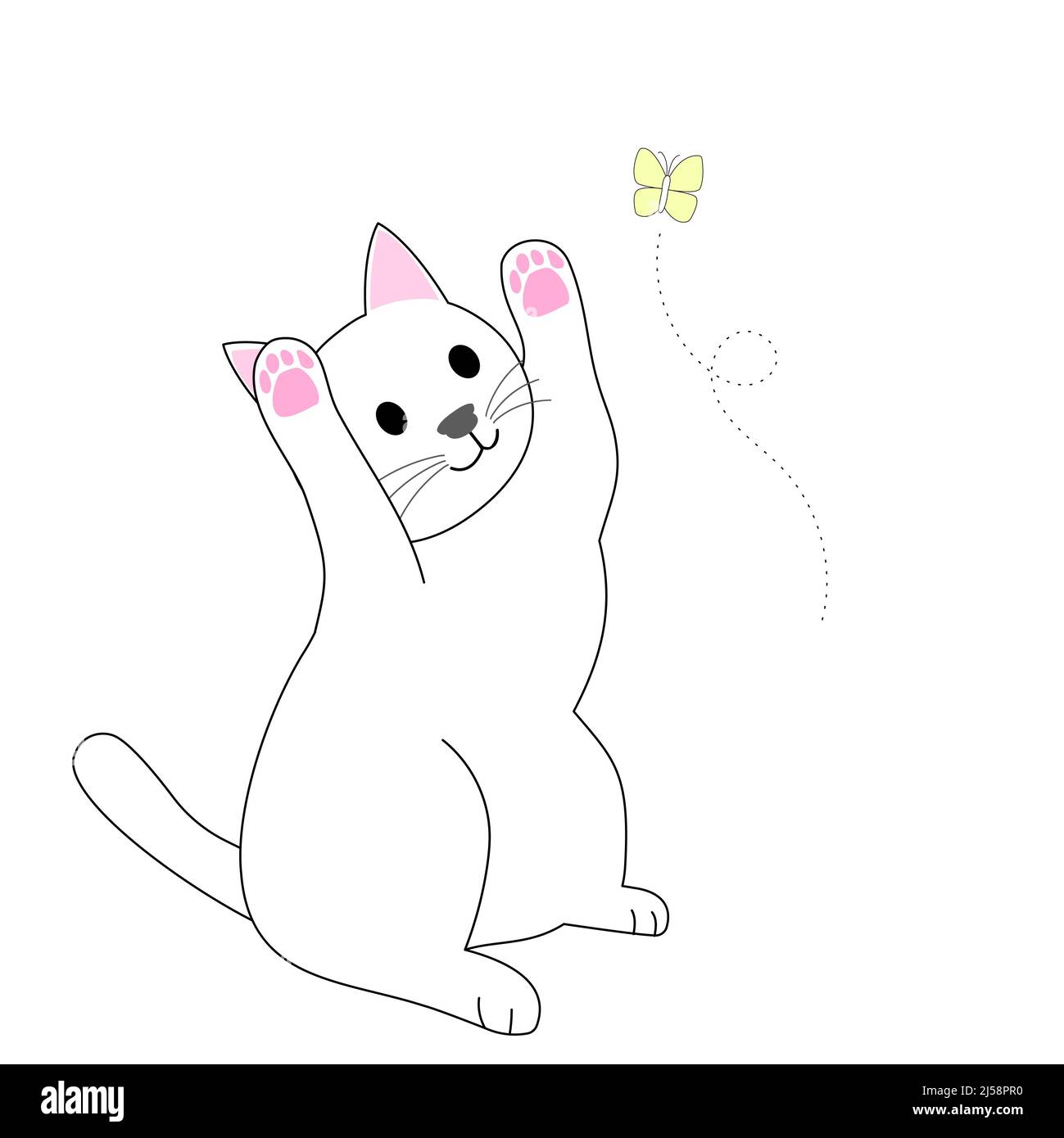Eine spielende weiße Katze und ein fliegender gelber Schmetterling mit weißem Hintergrund Stockfoto