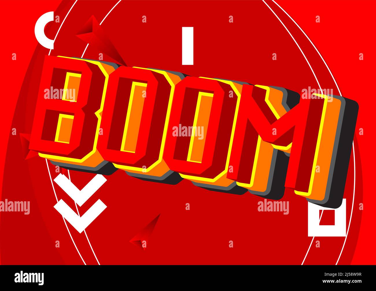 Boom pixeliertes Wort mit geometrischem grafischem Hintergrund. Vektorgrafik Cartoon-Illustration. Stock Vektor