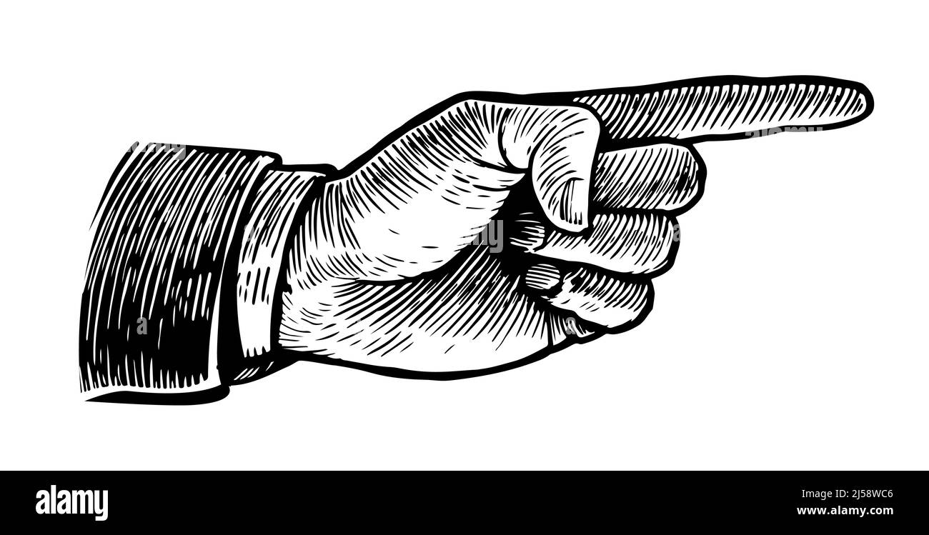 Vektor der zeigenden männlichen Hand. Zeigefinger richtet. Geschäftskonzept. Skizze im Vintage Retro-Stil Stock Vektor
