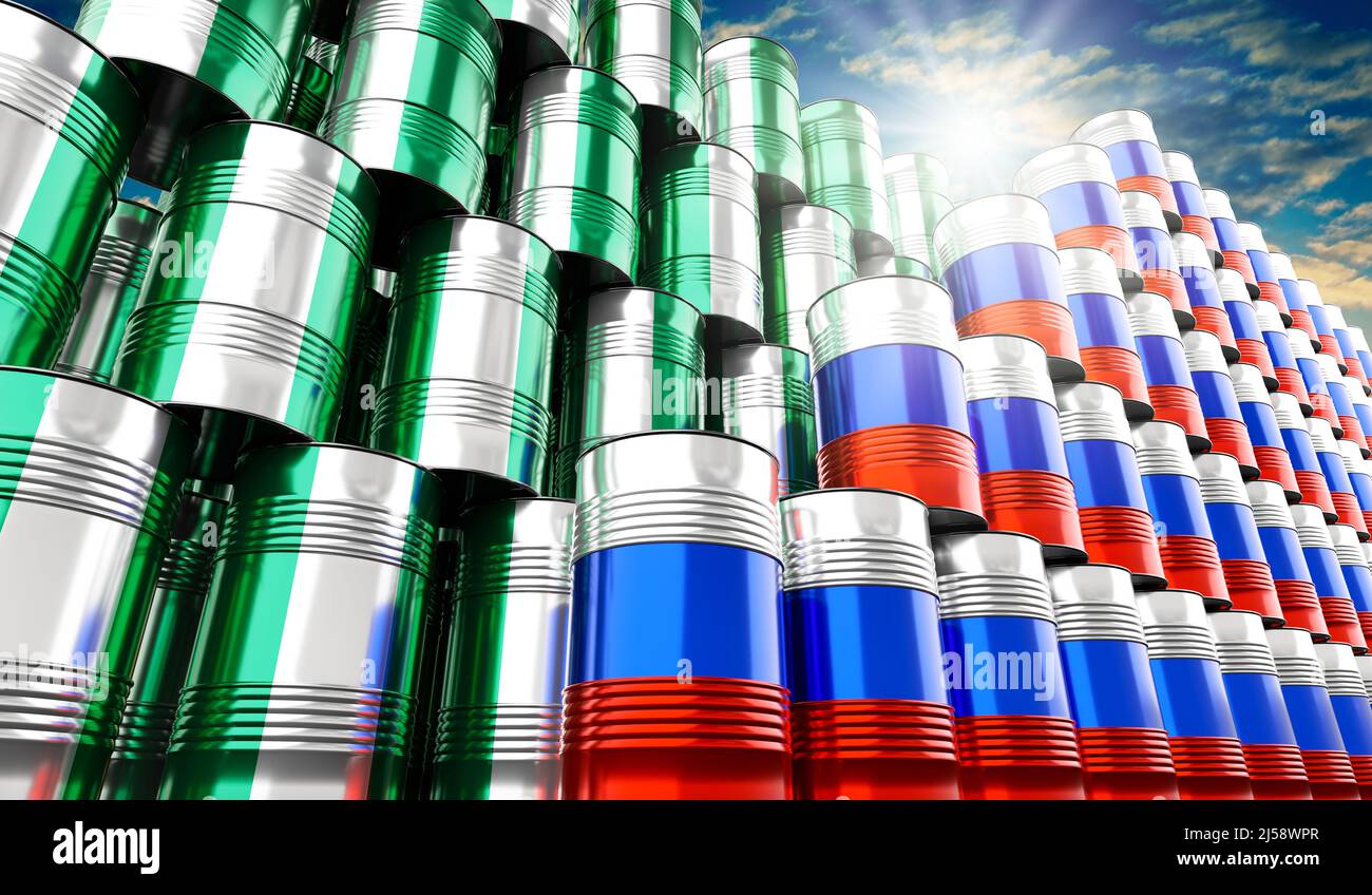 Ölfässer mit Flaggen von Russland und Nigeria - 3D Abbildung Stockfoto