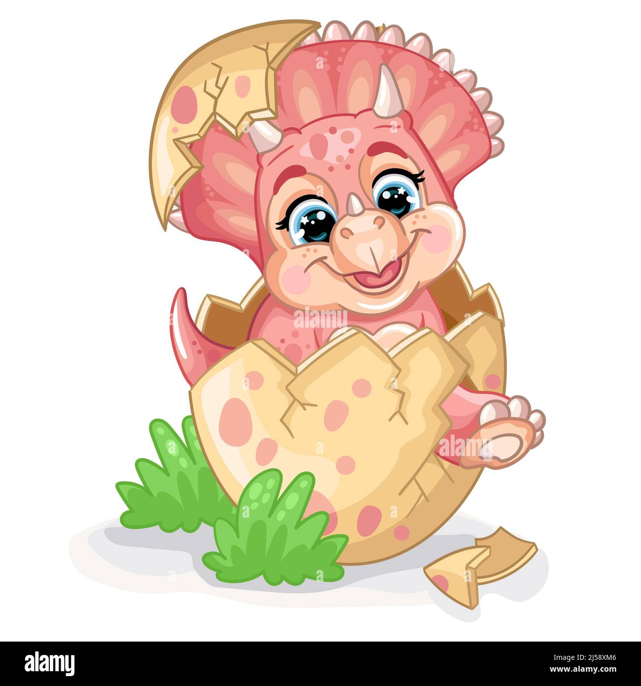 Happy Baby rosa Triceratops Dinosaurier sitzen im Ei auf der Natur. Niedliche Zeichentrickfigur. Vektor-isolierte Illustration. Für Druck, Design, Werbung, c Stock Vektor