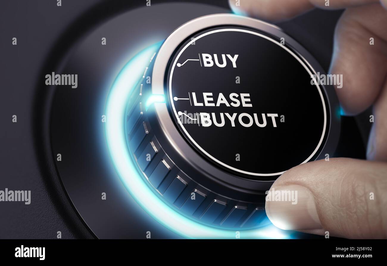 Finger drehen eines Auto-Drehknopfes, um ein Fahrzeug zu leasen oder zu kaufen. Zusammengesetztes Bild zwischen einer Handfotografie und einem 3D Hintergrund. Stockfoto