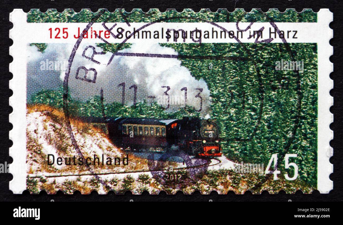 DEUTSCHLAND - UM 2012: Eine in Deutschland gedruckte Briefmarke zeigt die Schmalspurbahn Harz, um 2012 Stockfoto