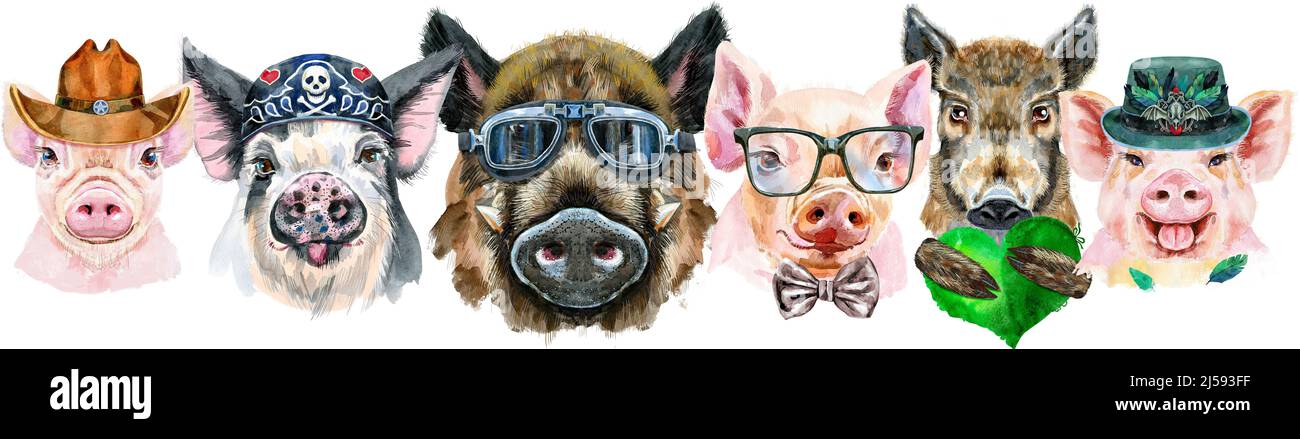 Niedliche Grenze aus Aquarell-Porträts von Schweinen. Aquarell-Illustration von Schweinen in Gläsern, Hut, Bandana, Cowboyhut und mit grünem Herzen Stockfoto