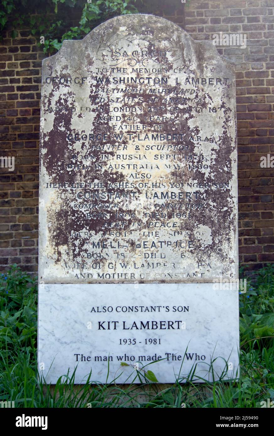 Grabstein, das Mitglieder der familie lambert aufgenommen hat, darunter Komponist Constant und Rockband Manager Kit, auf dem friedhof von brompton, london, england Stockfoto