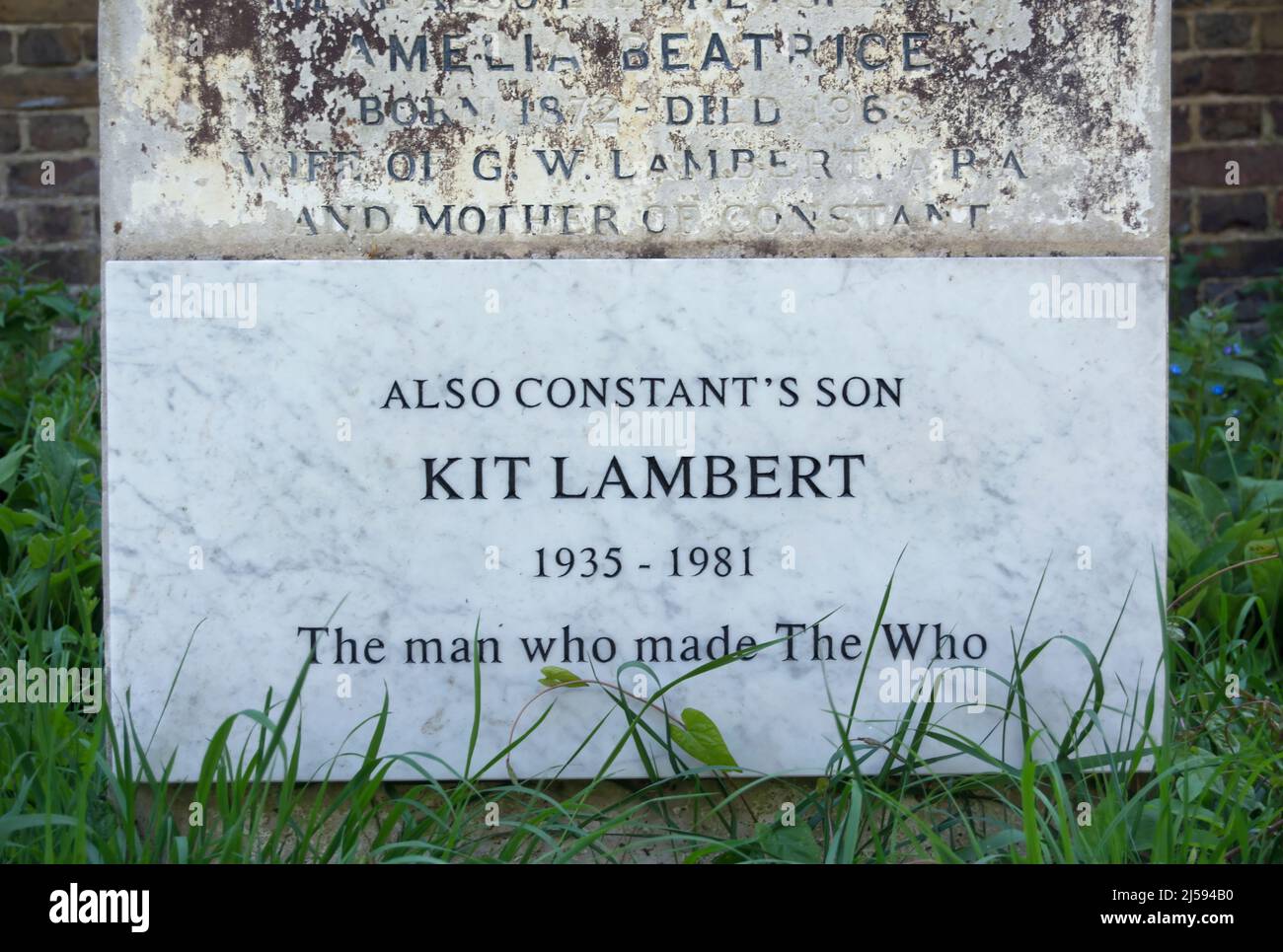 Die 2018 Ergänzung zum lambert Familiengrab, brompton Friedhof, london, england, um vollständig comemorate Kit lambert, Manager der Rockband, The Who Stockfoto