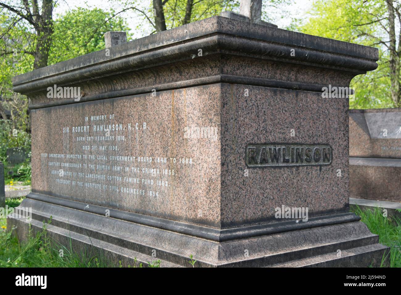 Das Grab von Robert rawlinson, Ingenieur und Sanitäter des 19.. Jahrhunderts, auf dem brompton Friedhof, london, england Stockfoto