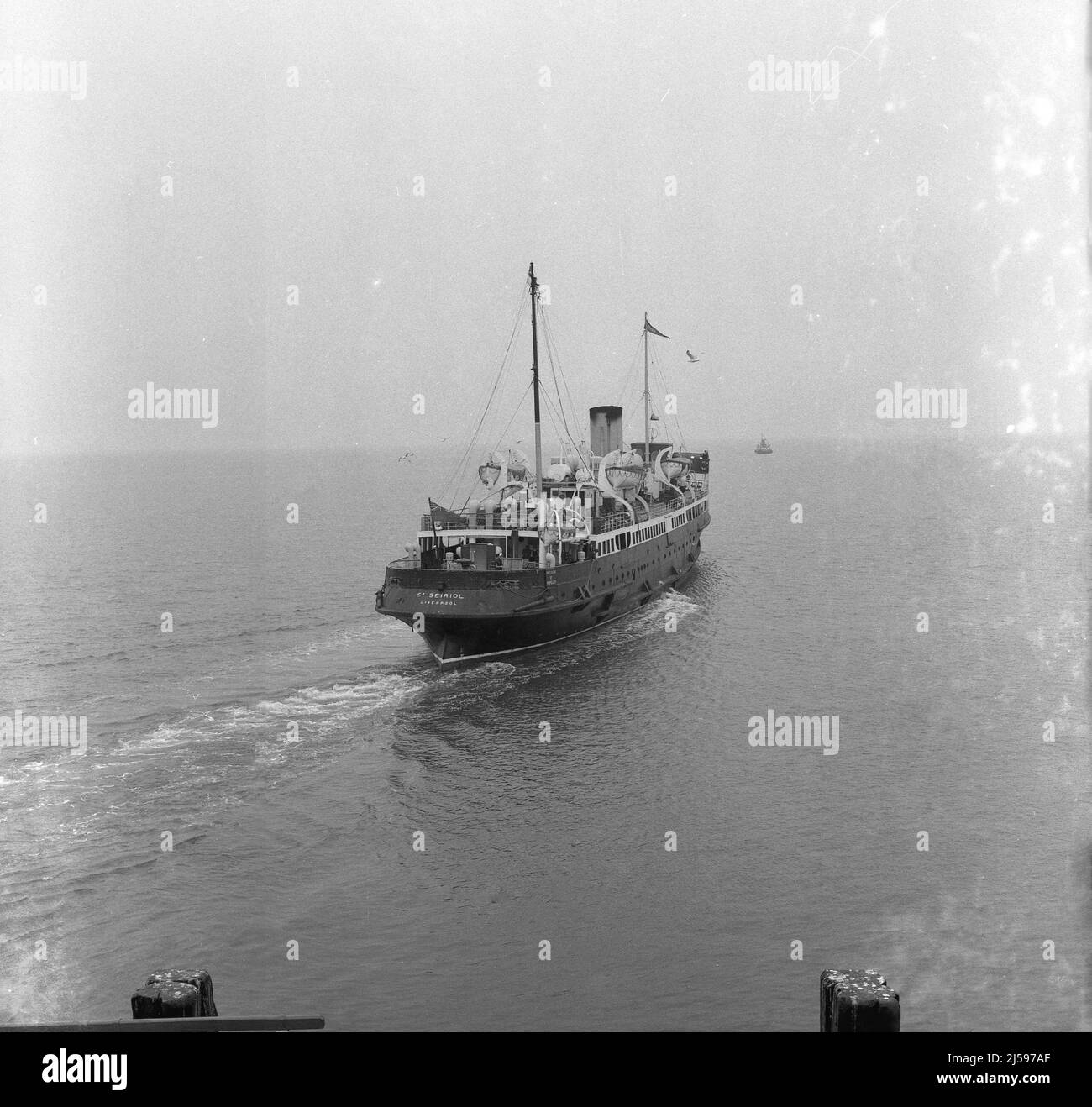 1959, historisch, das Dampfpassagierschiff 'St Seiriol' der Dampfschiffgesellschaft Liverpool und North Wales, verlässt den Hafen, Rhyl, Wales, Großbritannien. Das Schiff wurde 1935 in Dienst gestellt und war bis 1962 in Betrieb. Stockfoto