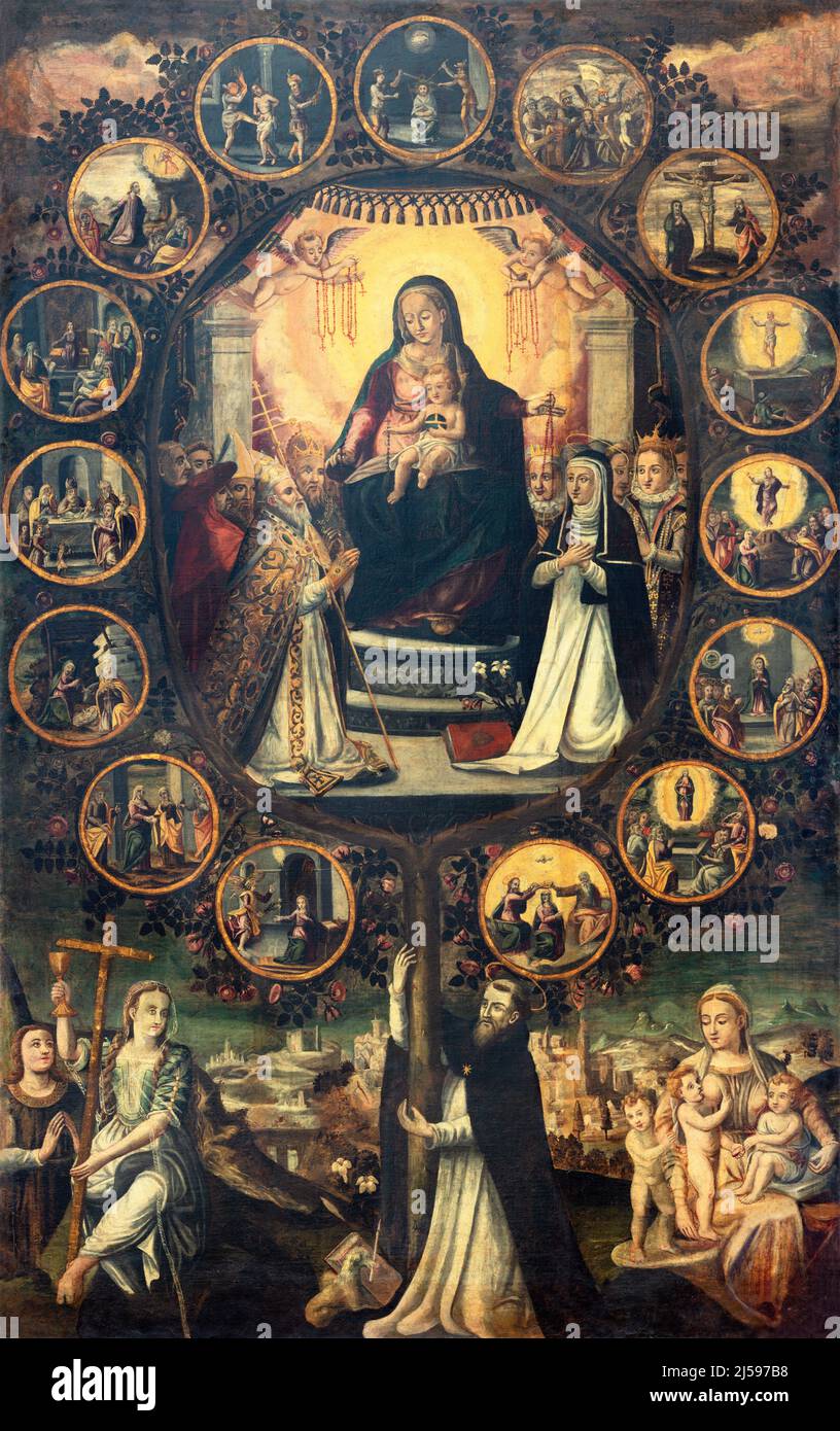 POLIGNANO A MARE, ITALIEN - 4. MÄRZ 2022: Das Gemälde der Madonna und Geheimnisse des Rosenkranzes in der Kathedrale Matrice mit dem Heiligen Dominic und St. Helen. Stockfoto