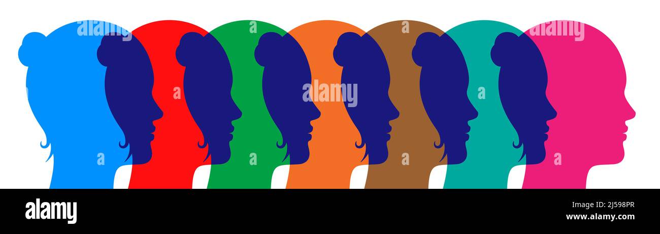 Bunte Frauen überlappen Köpfe Konzept Vektor Illustration. Verschiedene Hautton Frau, isoliert auf weißem Hintergrund. Stock Vektor