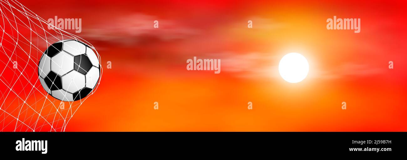 Der Fußball ist im Tornetz. Fußball auf dem Hintergrund des Sonnenuntergangs. Roter Hintergrund. Stock Vektor