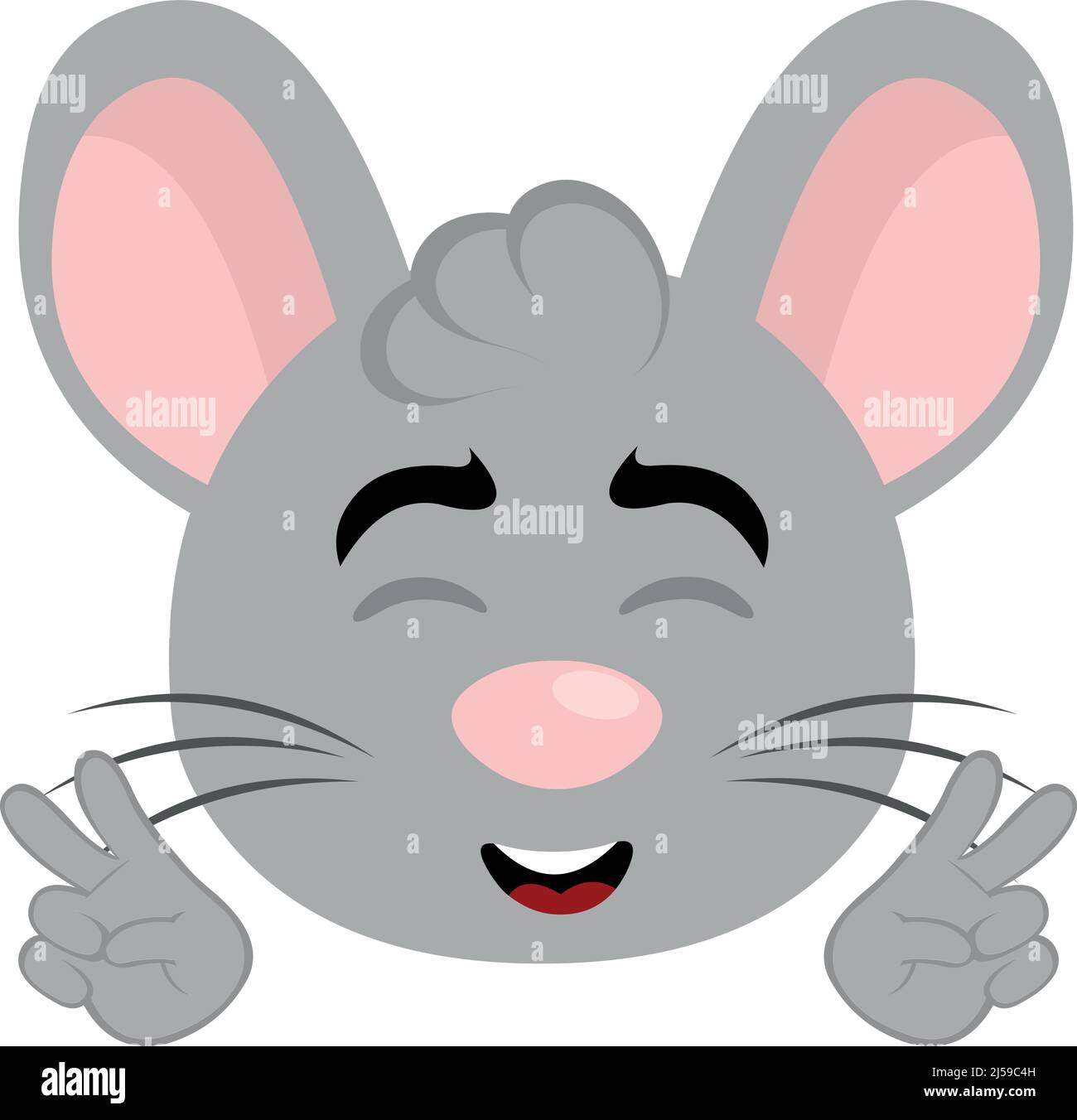 Vektor-Illustration des Gesichts einer Cartoon-Maus mit einem glücklichen Ausdruck, so dass die klassische Geste der Liebe und des Friedens oder V-Sieg mit seinen Händen Stock Vektor