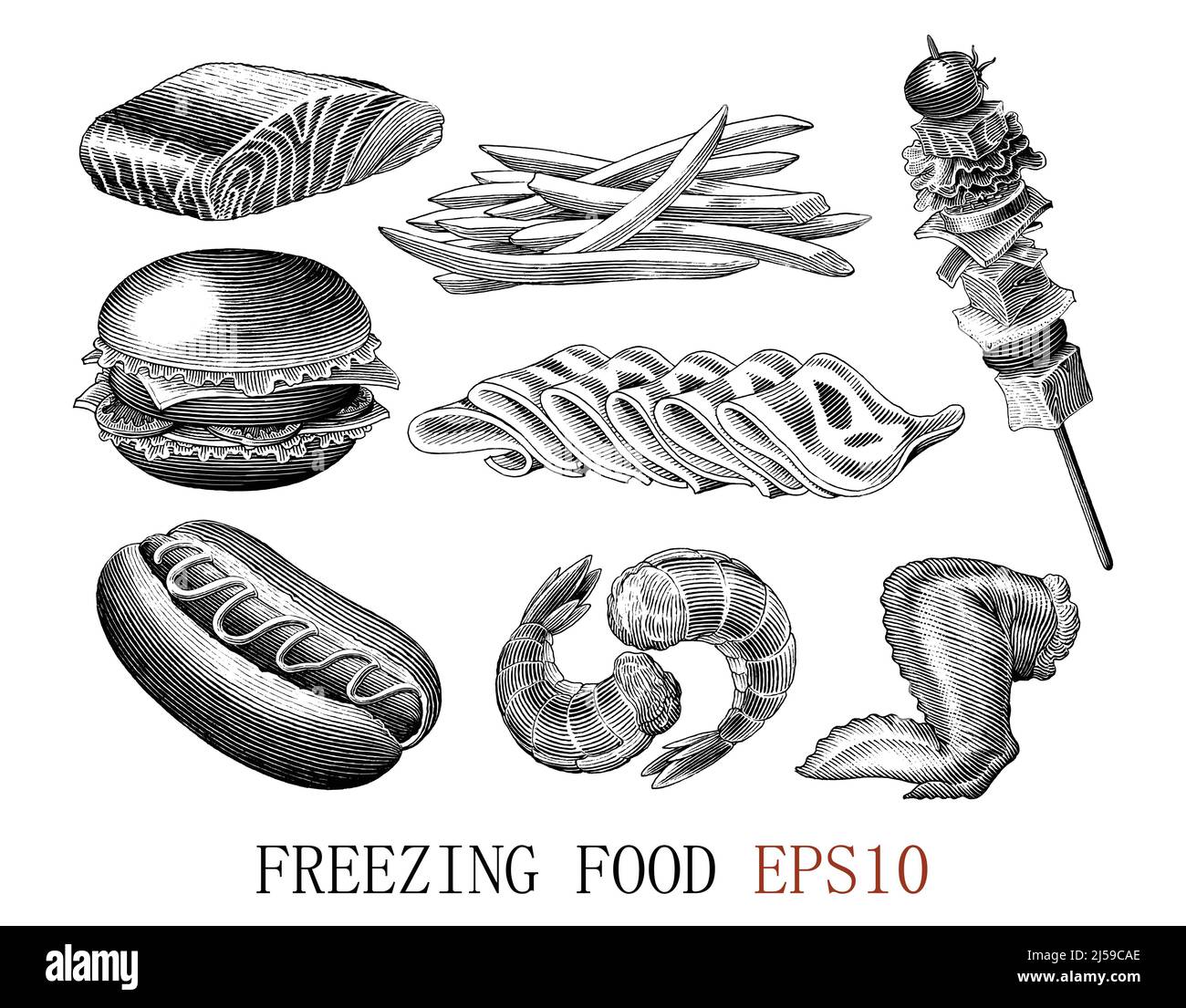 Freezing Food Handzeichnung Vintage Gravur Stil Stock Vektor