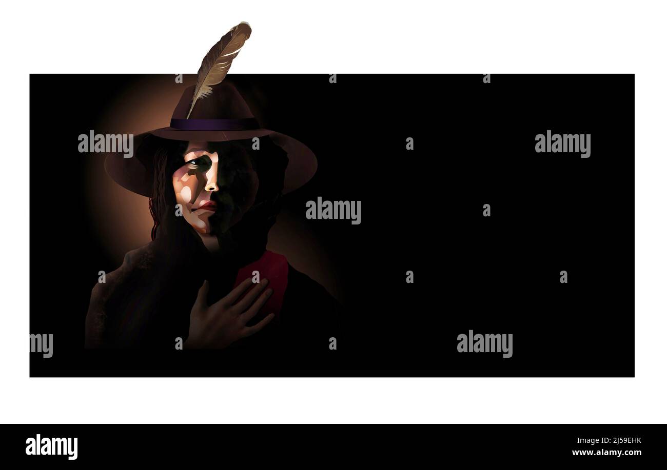 Eine Frau mittleren Alters in einem breiten Hut mit einer Feder und der indianischen Ureinwohner Ethnie ist in dieser 3-d Abbildung in einem Sterotyp dargestellt zu sehen Stockfoto