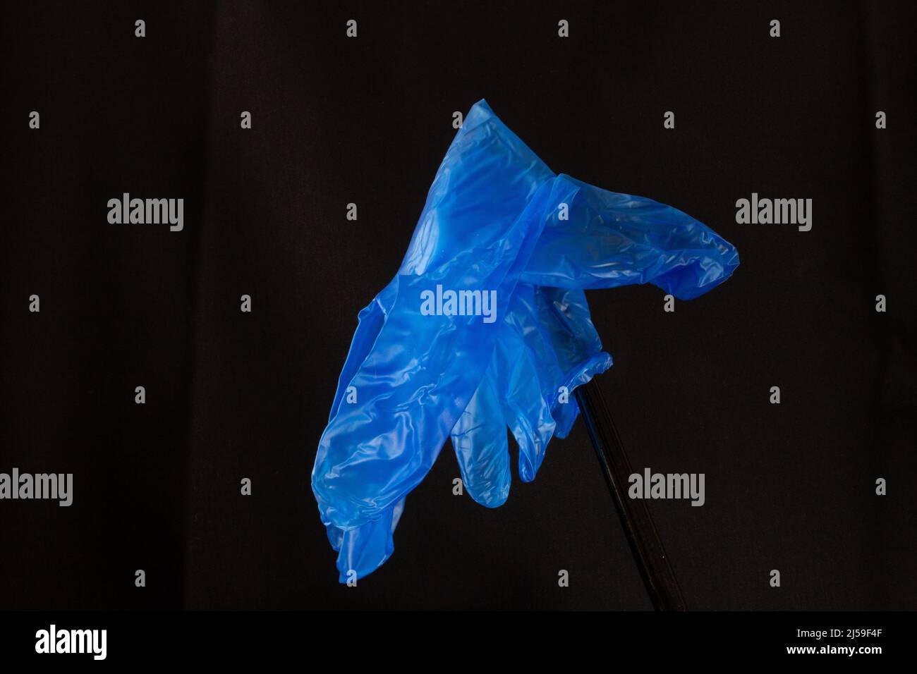 Blauer Einweghandschuh, Finger und Daumen zeigen isoliert an Schwarzer Hintergrund Stockfoto