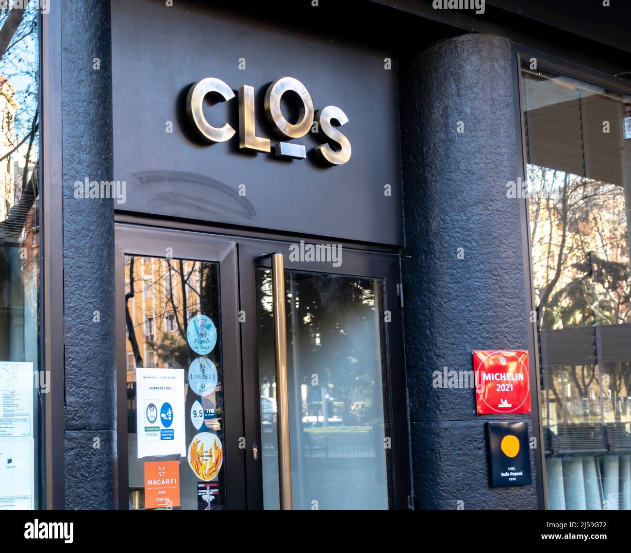 Restaurant Clos Schild, Madrid, Spanien. Ein Restaurant mit einem Michelin-Stern: Spanisches Restaurant Stockfoto
