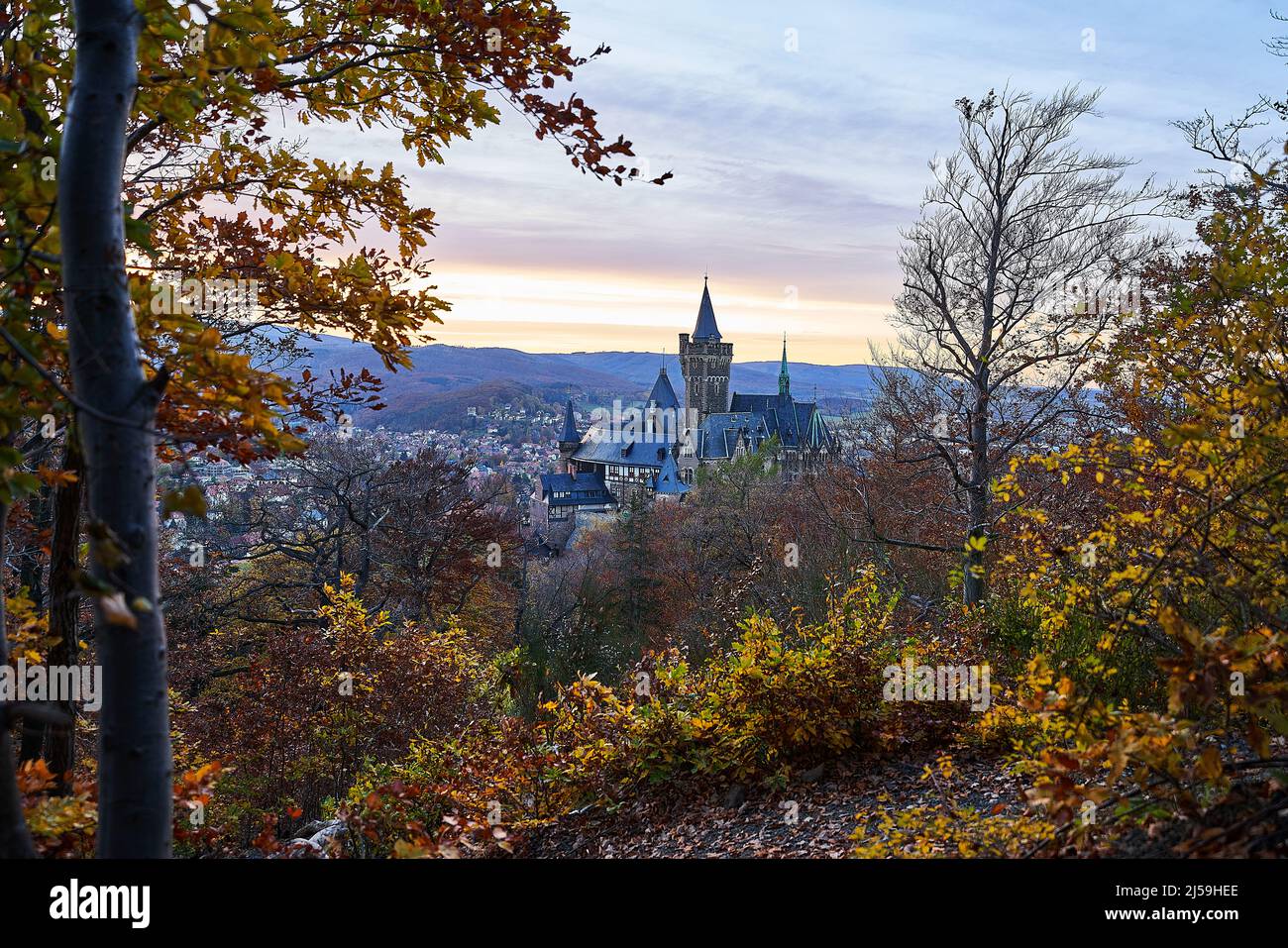 Sonnenuntergang auf Schloss Wernigerode im Harz Stockfoto