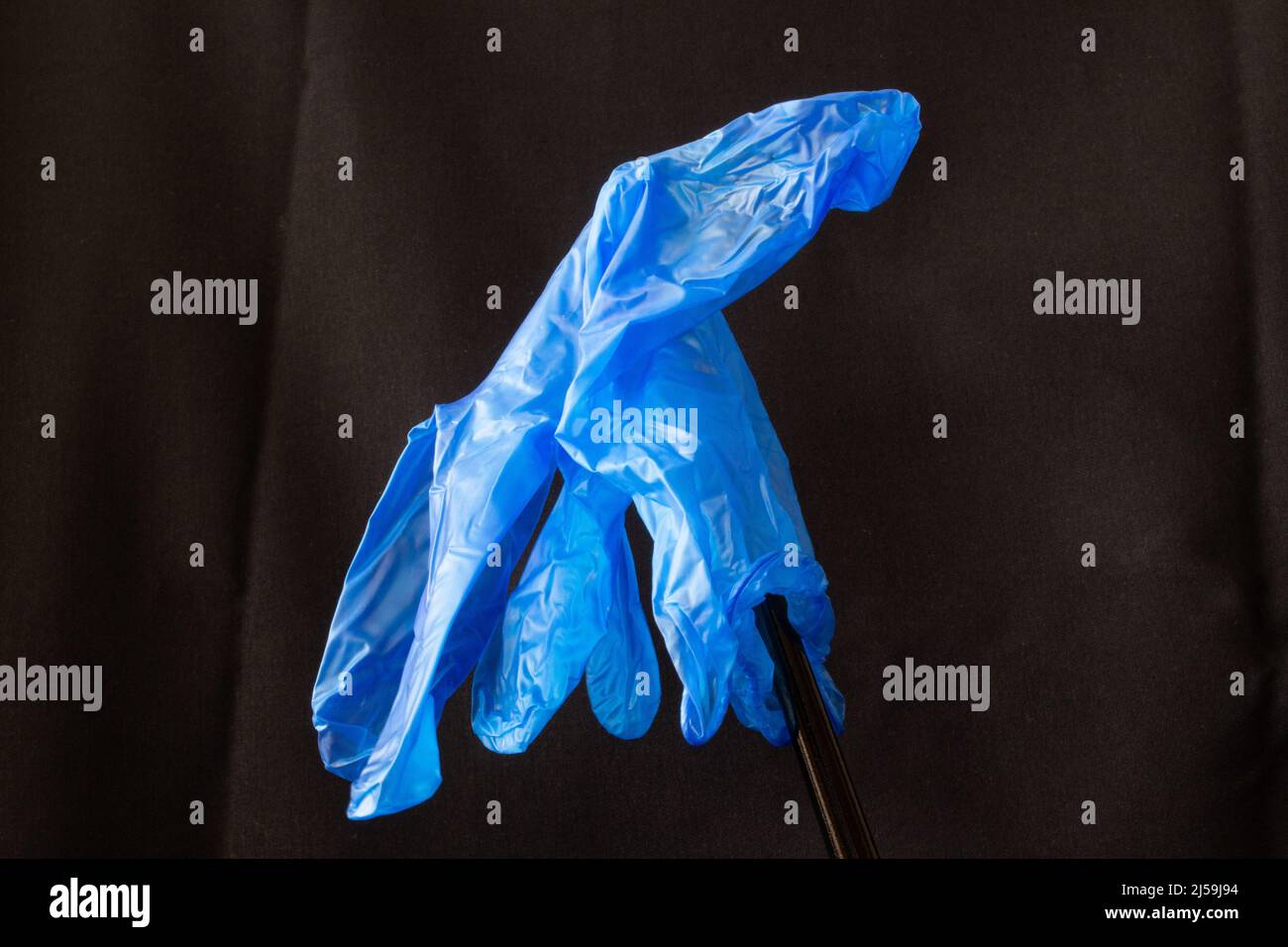Einfacher blauer Einweghandschuh mit isolierten Fingern auf einem Schwarzer Hintergrund Stockfoto